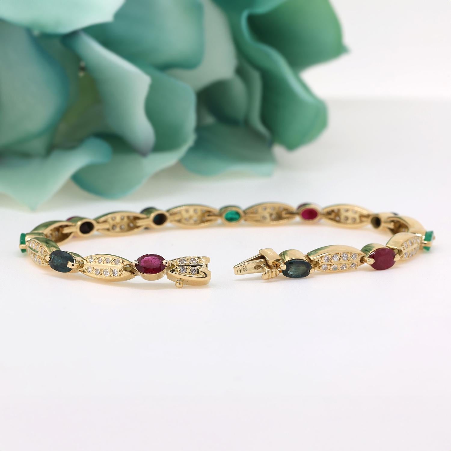 Multi Gemstone Diamond Accent Station Bracelet 18K Yellow Gold 7.77 CTW 7.5"