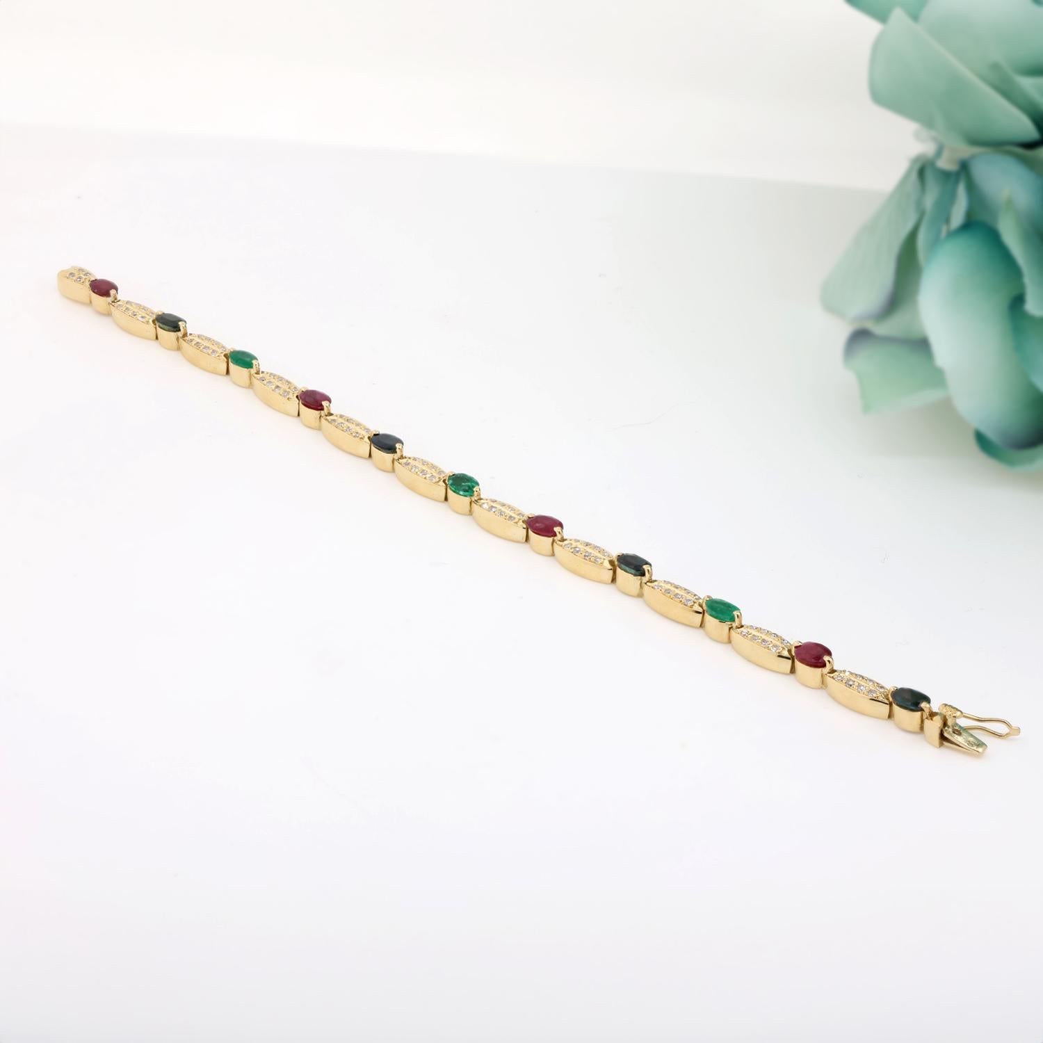 Multi Gemstone Diamond Accent Station Bracelet 18K Yellow Gold 7.77 CTW 7.5"