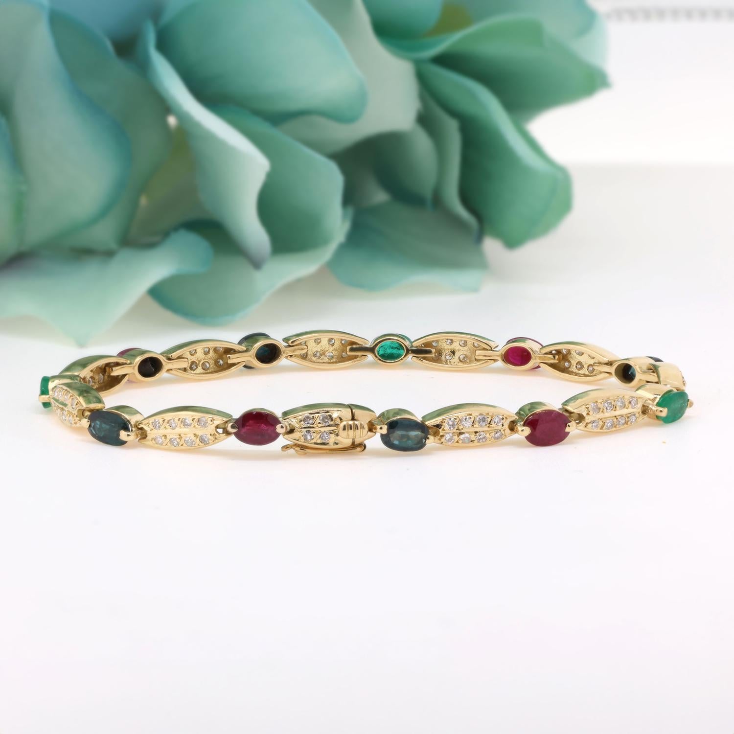 Multi Gemstone Diamond Accent Station Bracelet 18K Yellow Gold 7.77 CTW 7.5"