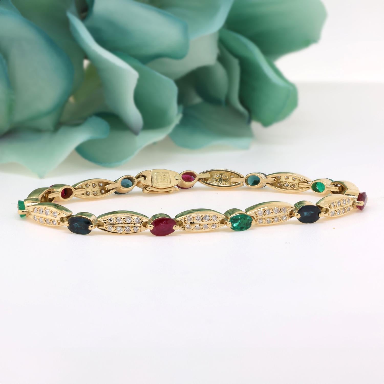 Multi Gemstone Diamond Accent Station Bracelet 18K Yellow Gold 7.77 CTW 7.5"