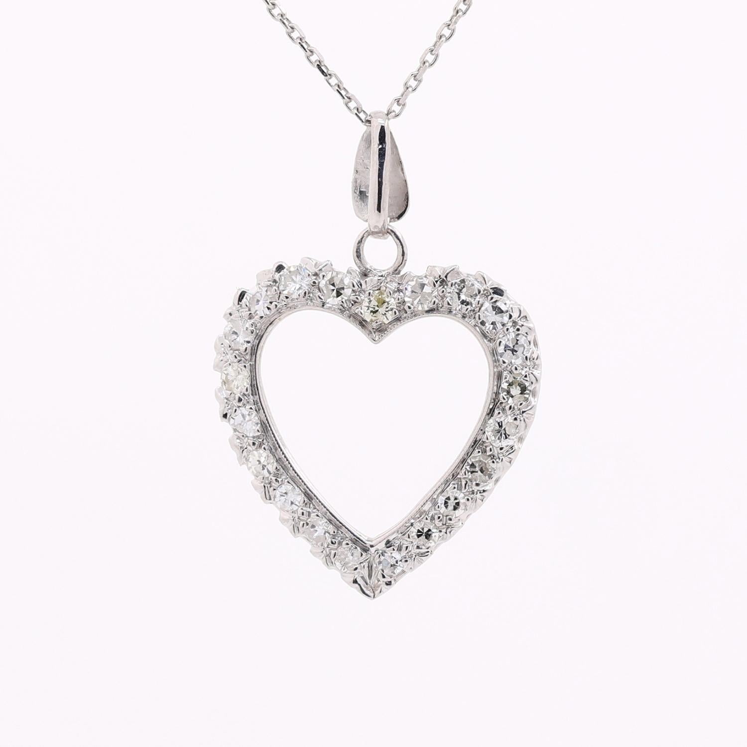 0.55 TW Diamond Open Heart Pendant Cable Chain Necklace 14K White Gold 16"