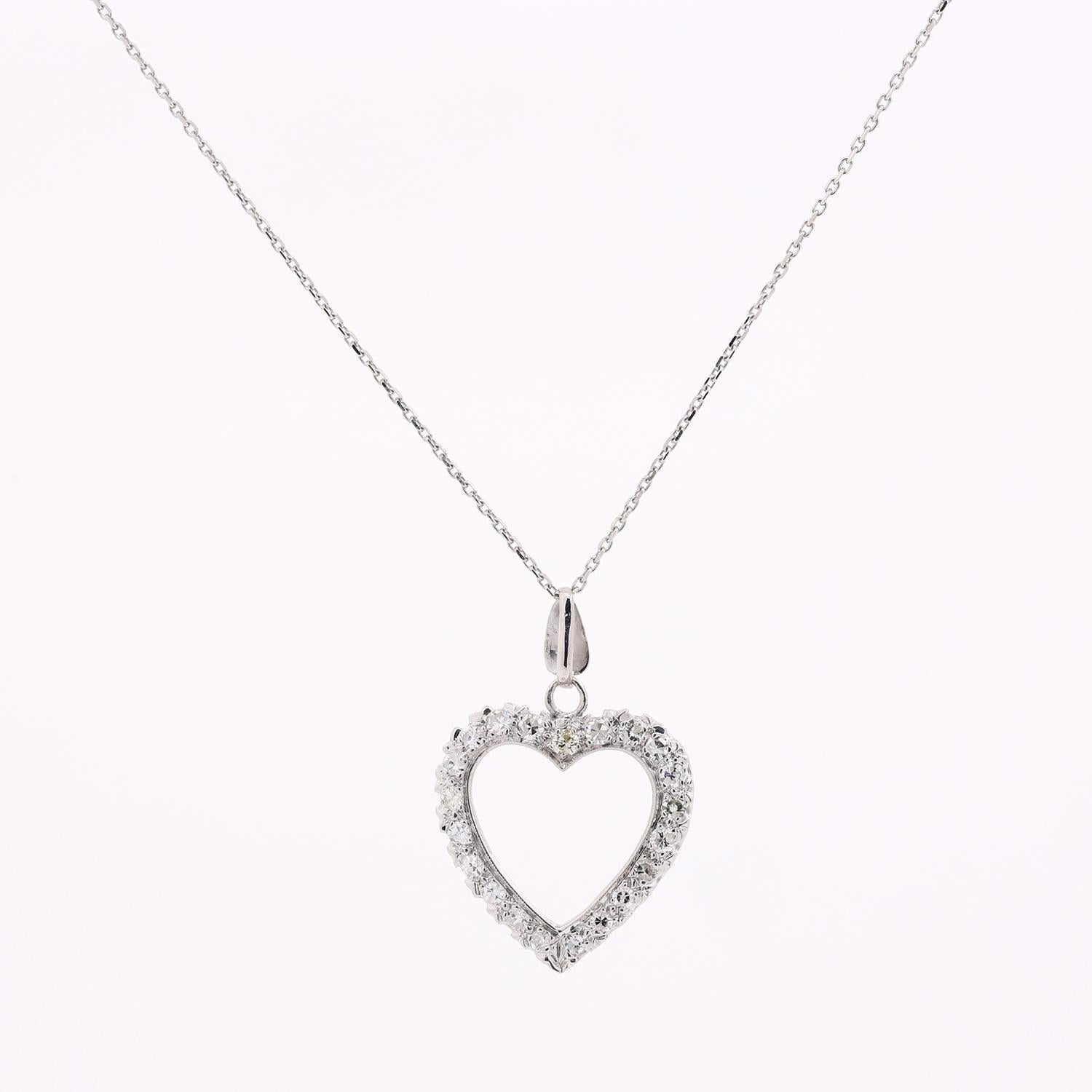 0.55 TW Diamond Open Heart Pendant Cable Chain Necklace 14K White Gold 16"