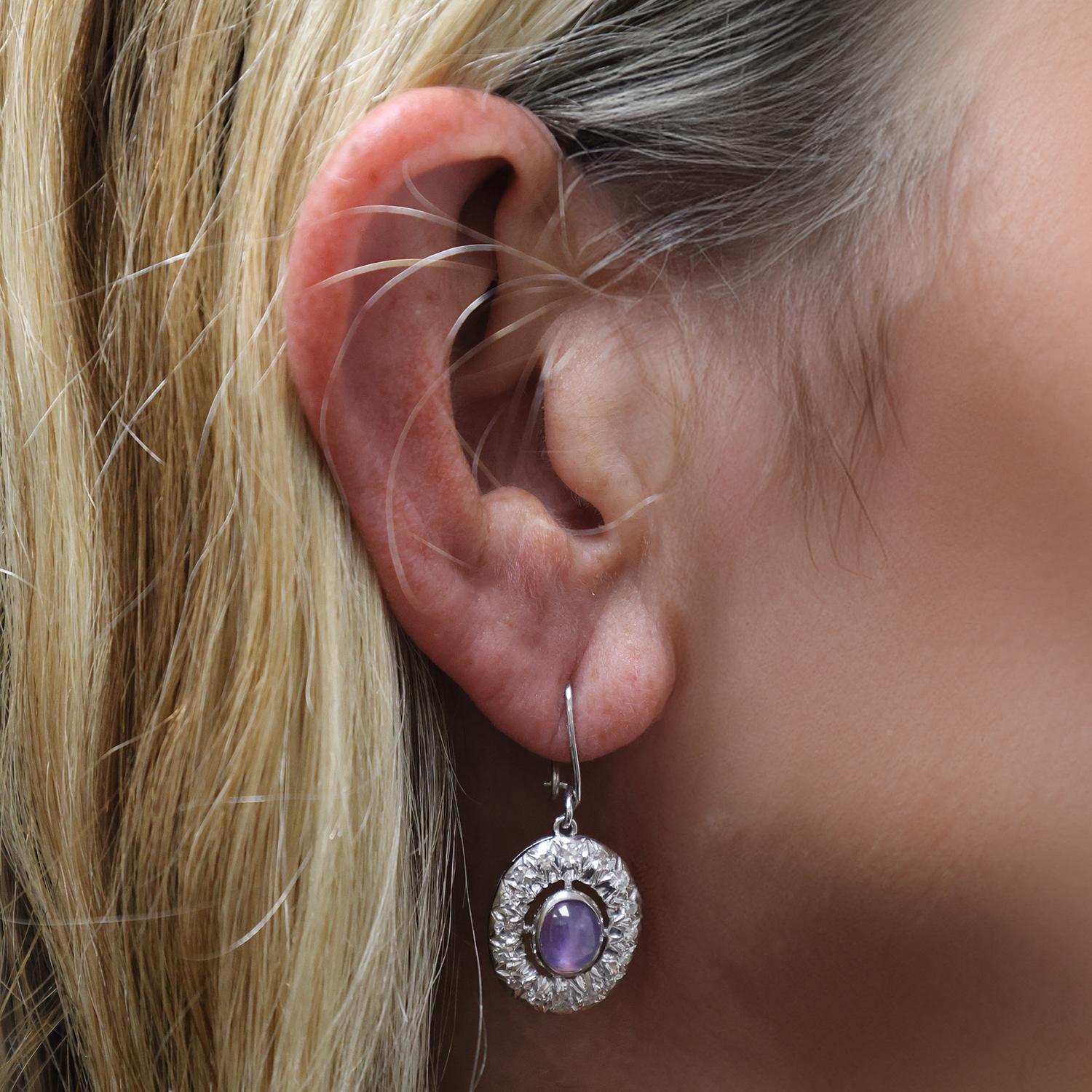 Purple Sapphire Diamond Drop Dangle Earrings 2.65 TW Cabochon Gem 14K White Gold