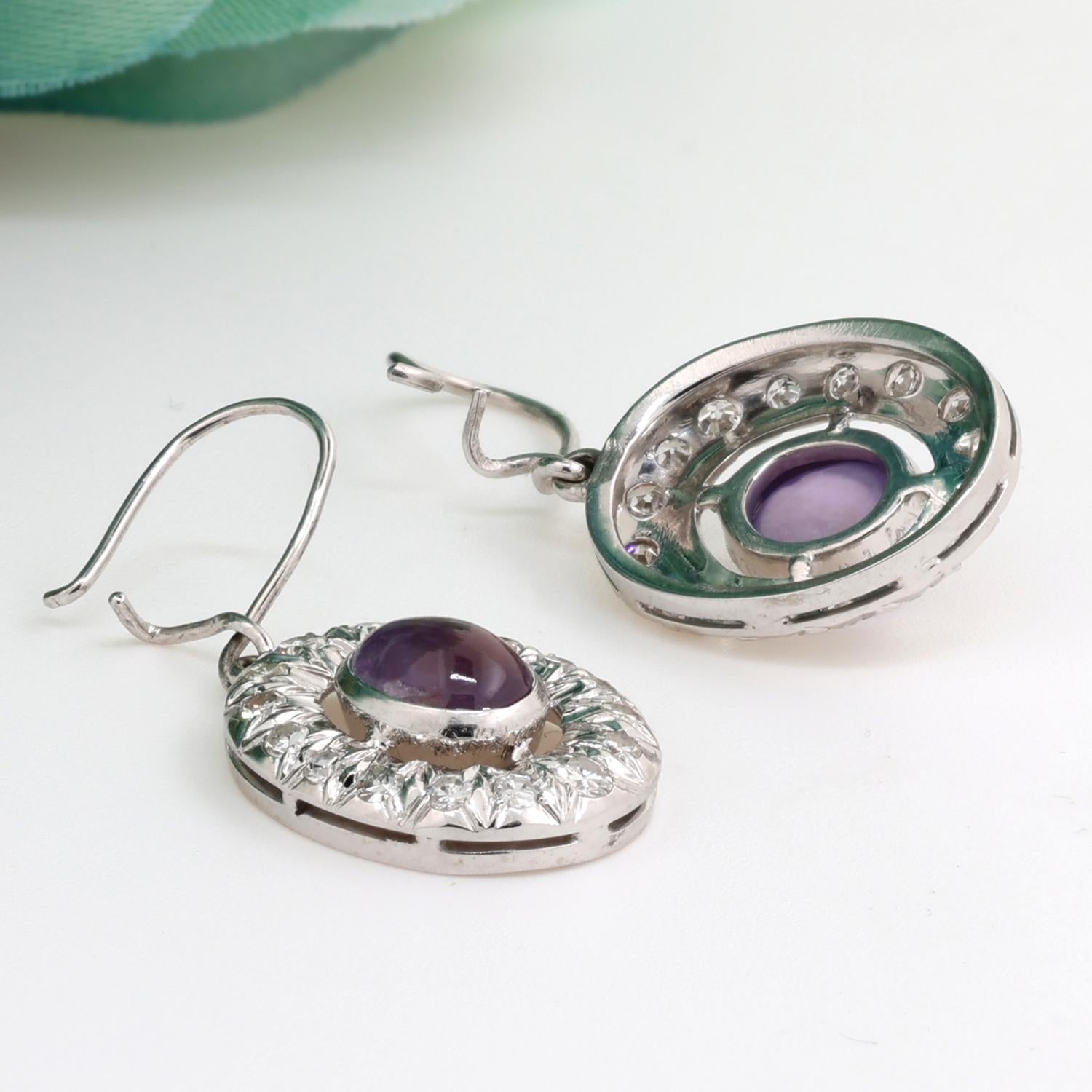 Purple Sapphire Diamond Drop Dangle Earrings 2.65 TW Cabochon Gem 14K White Gold