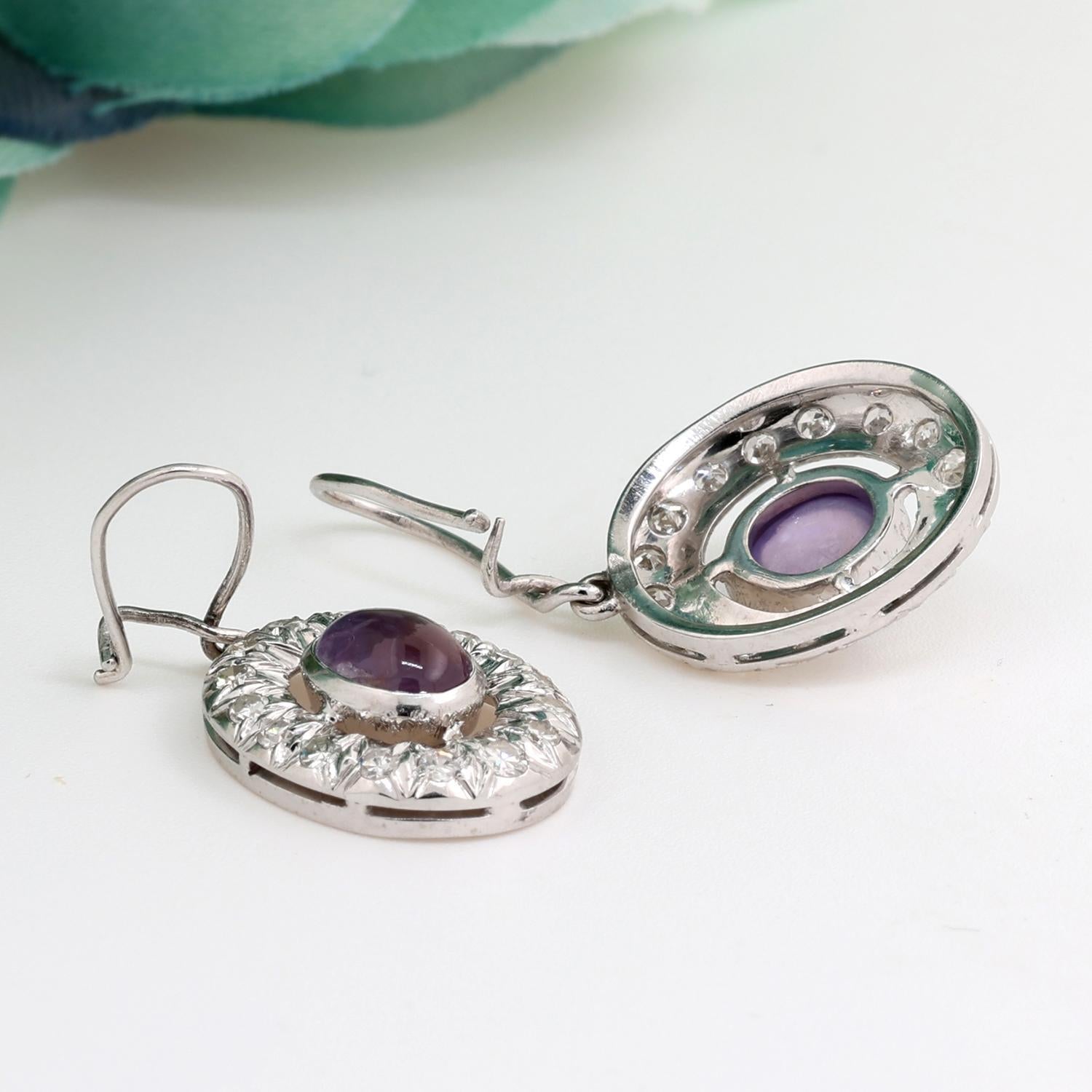 Purple Sapphire Diamond Drop Dangle Earrings 2.65 TW Cabochon Gem 14K White Gold