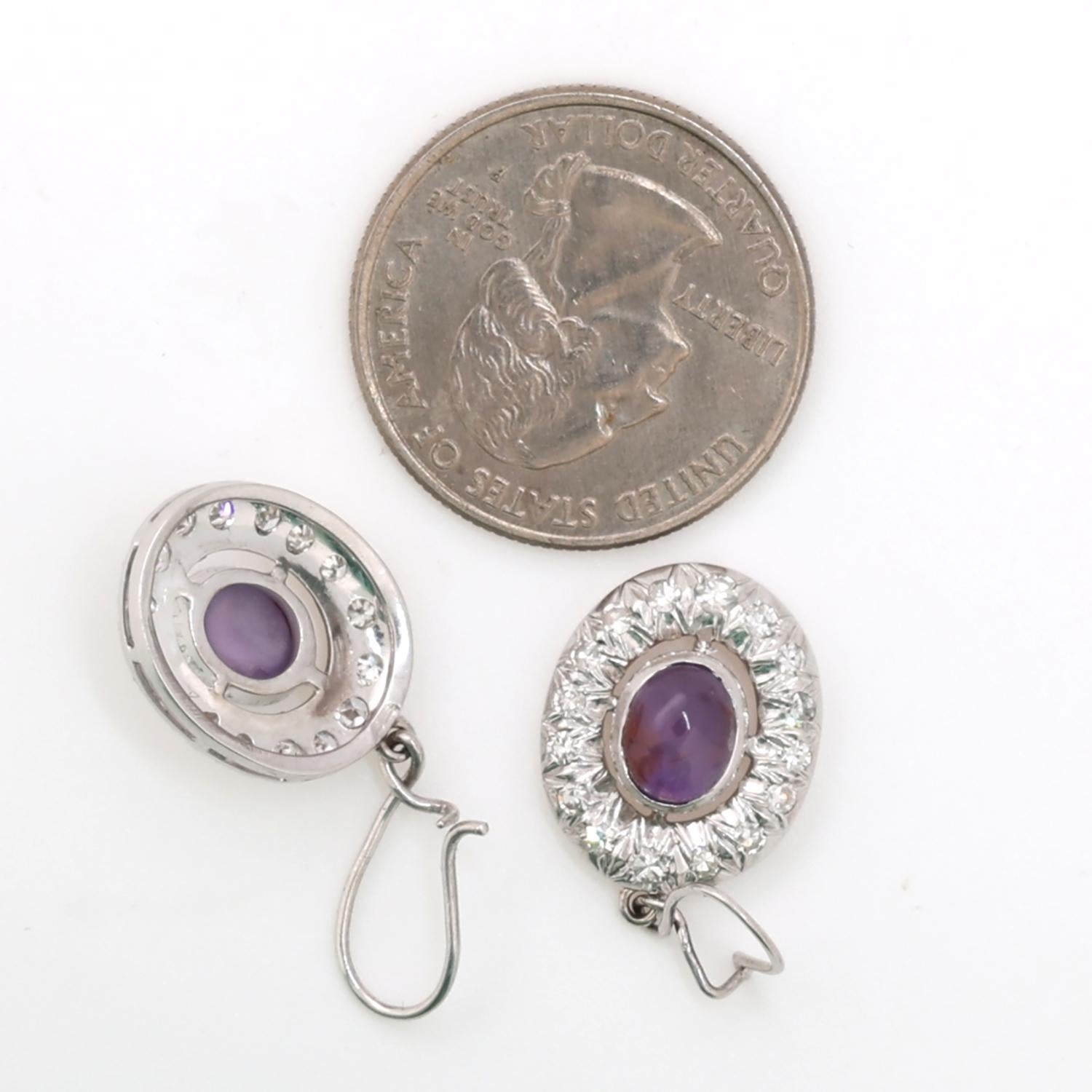 Purple Sapphire Diamond Drop Dangle Earrings 2.65 TW Cabochon Gem 14K White Gold