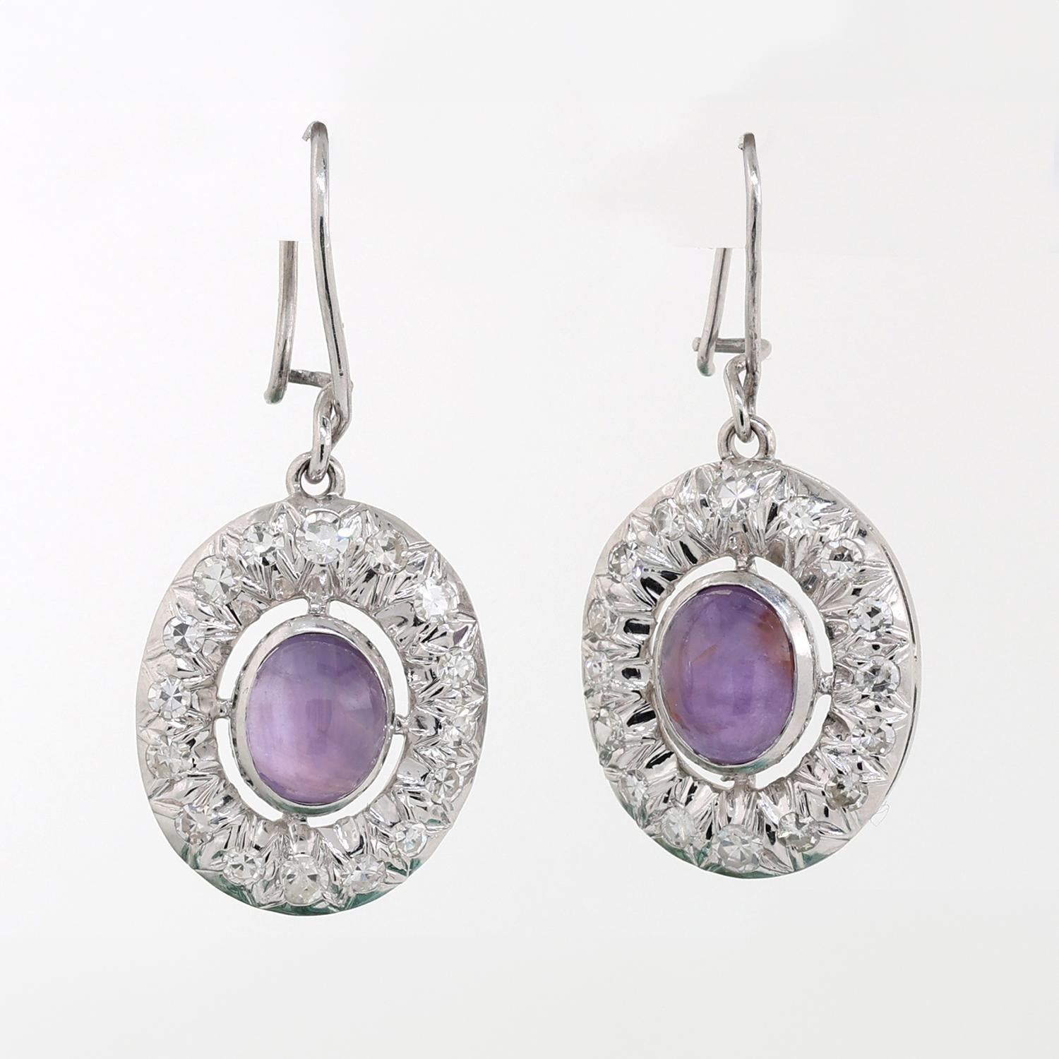 Purple Sapphire Diamond Drop Dangle Earrings 2.65 TW Cabochon Gem 14K White Gold