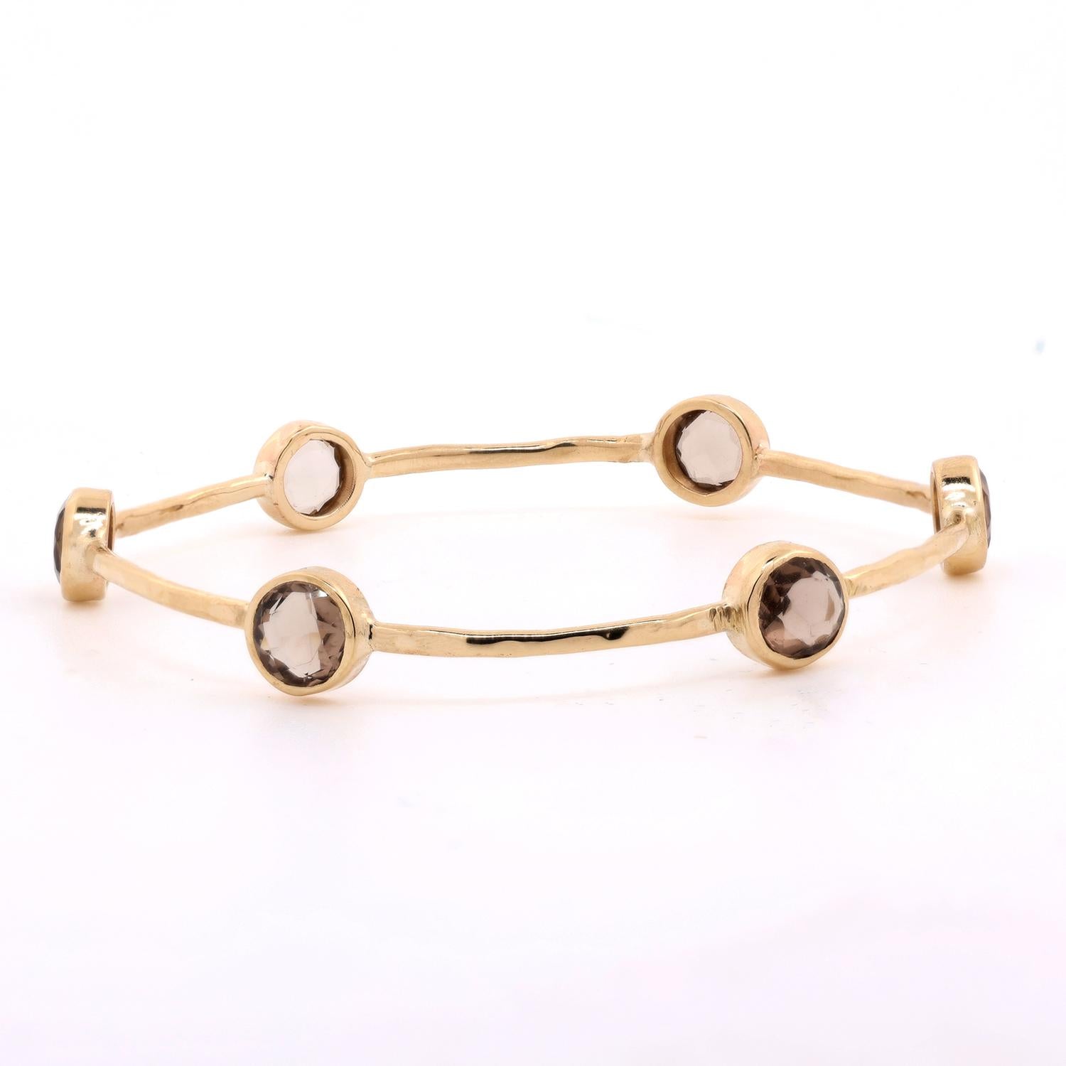 Smoky Quartz Station Bangle Bracelet 14K Yellow Gold 5.70 CTW Gemstones 7.25"