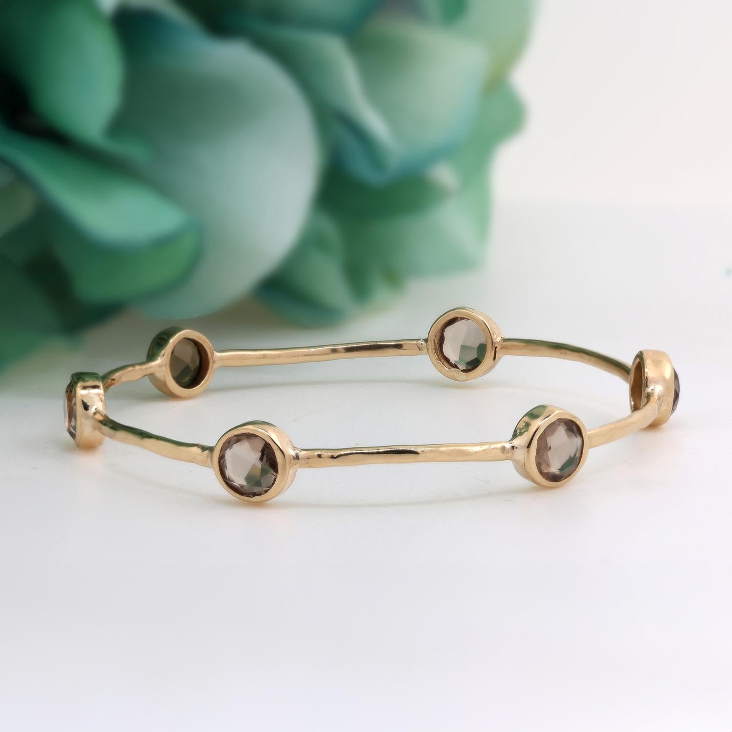 Smoky Quartz Station Bangle Bracelet 14K Yellow Gold 5.70 CTW Gemstones 7.25"