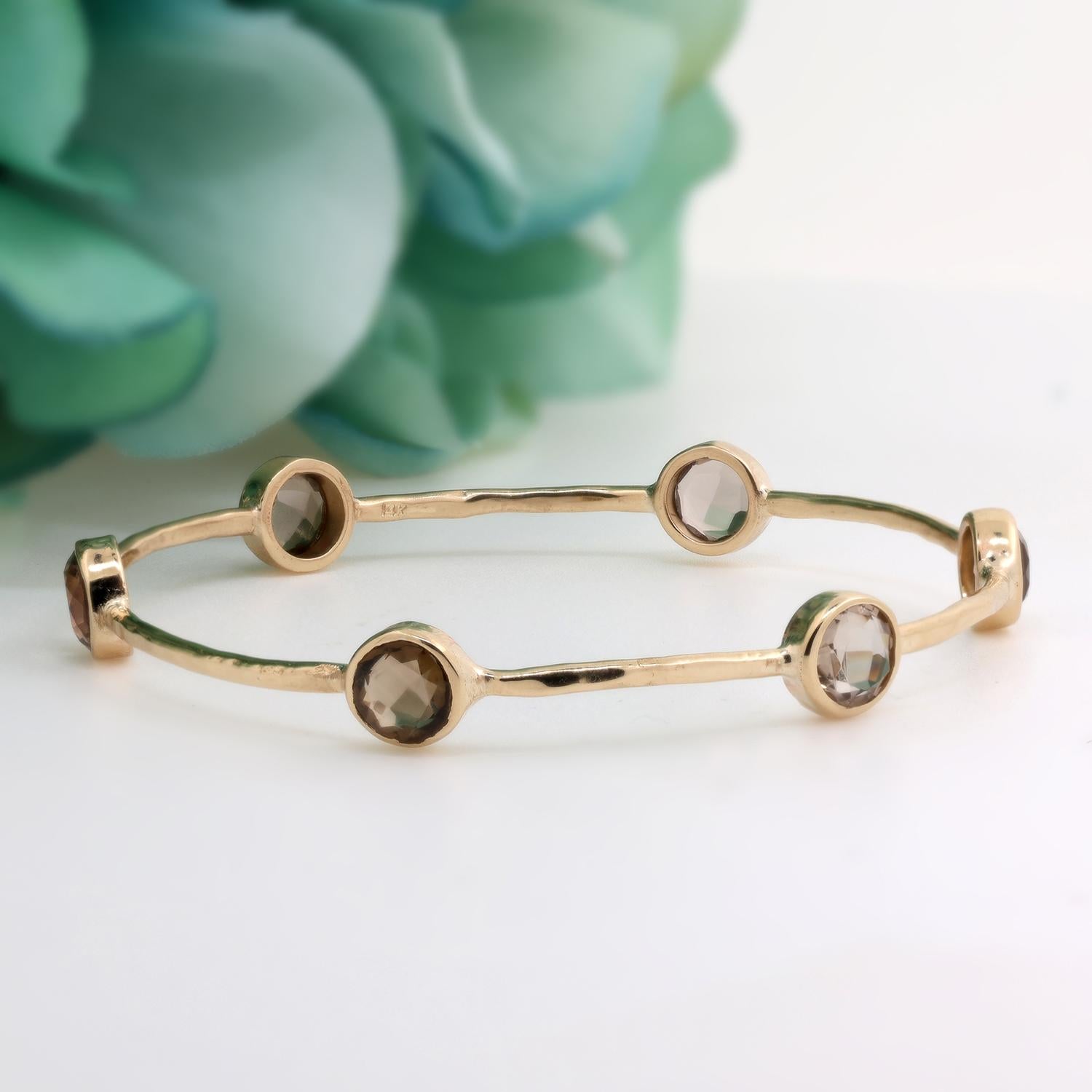 Smoky Quartz Station Bangle Bracelet 14K Yellow Gold 5.70 CTW Gemstones 7.25"