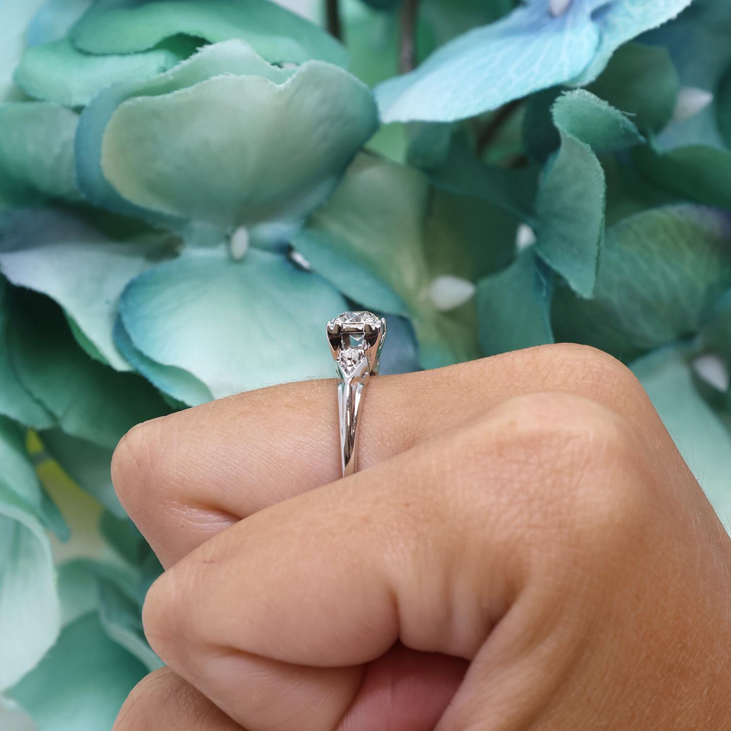 Vintage 0.53 TW Old European Cut Diamond Solitaire Ring 14K White Gold Size 7