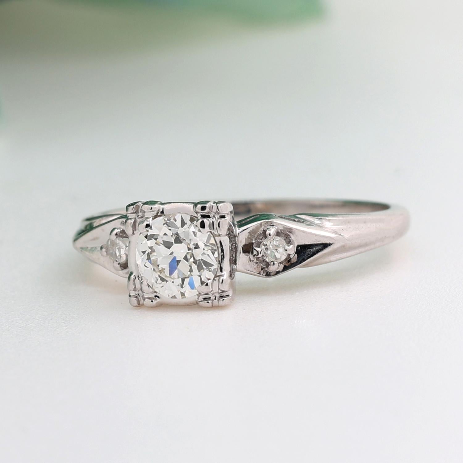 Vintage 0.53 TW Old European Cut Diamond Solitaire Ring 14K White Gold Size 7