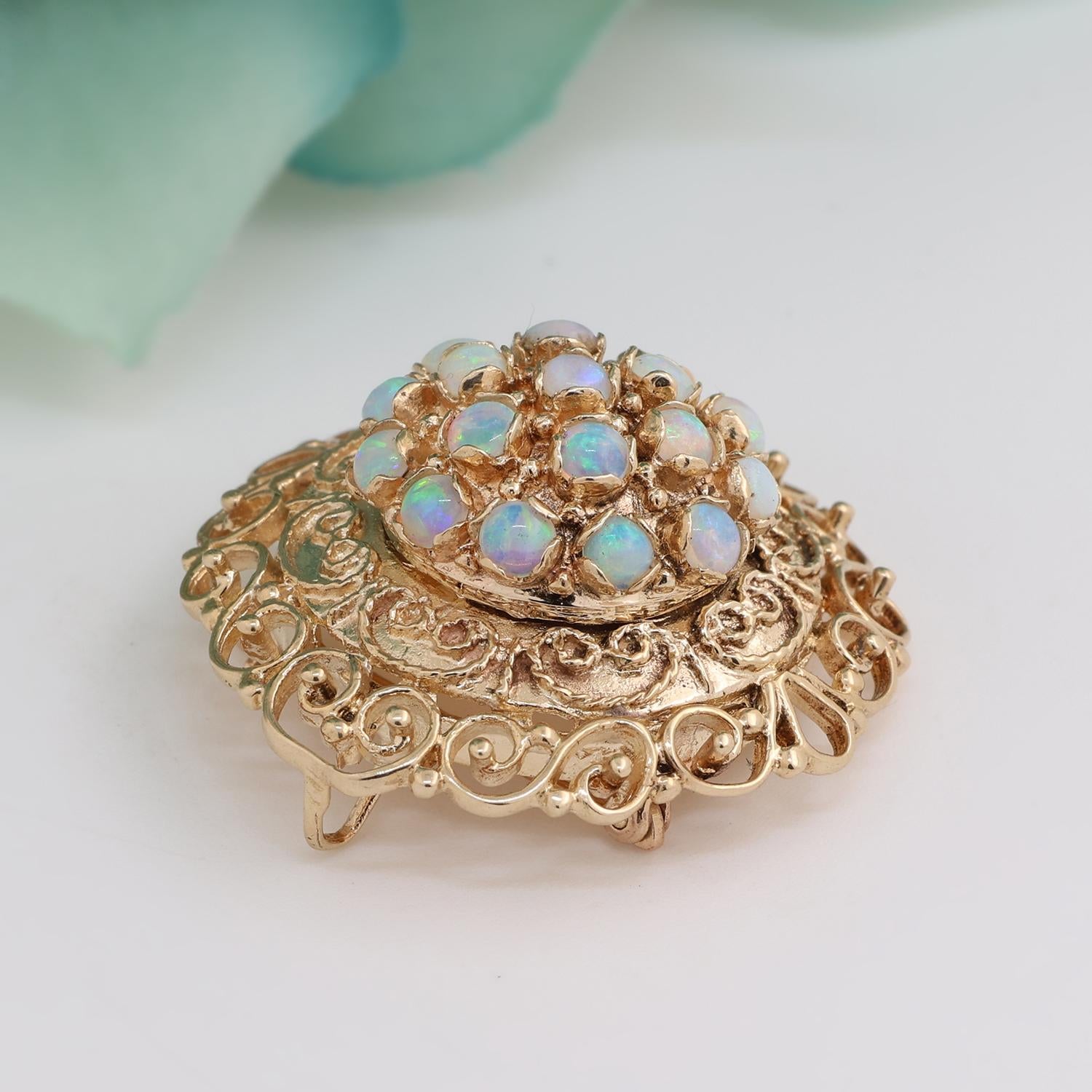 Vintage Fire Opal Gem Filigree Round Pendant Brooch Pin 14K Yellow Gold 1.33"