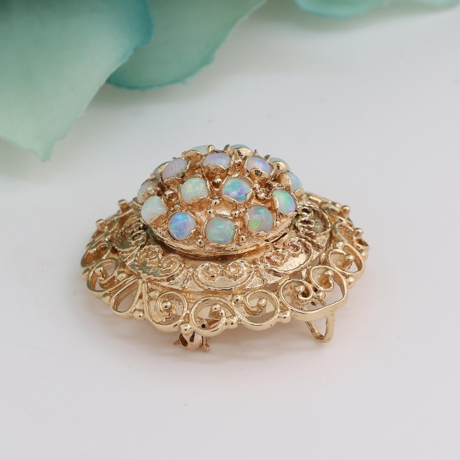 Vintage Fire Opal Gem Filigree Round Pendant Brooch Pin 14K Yellow Gold 1.33"