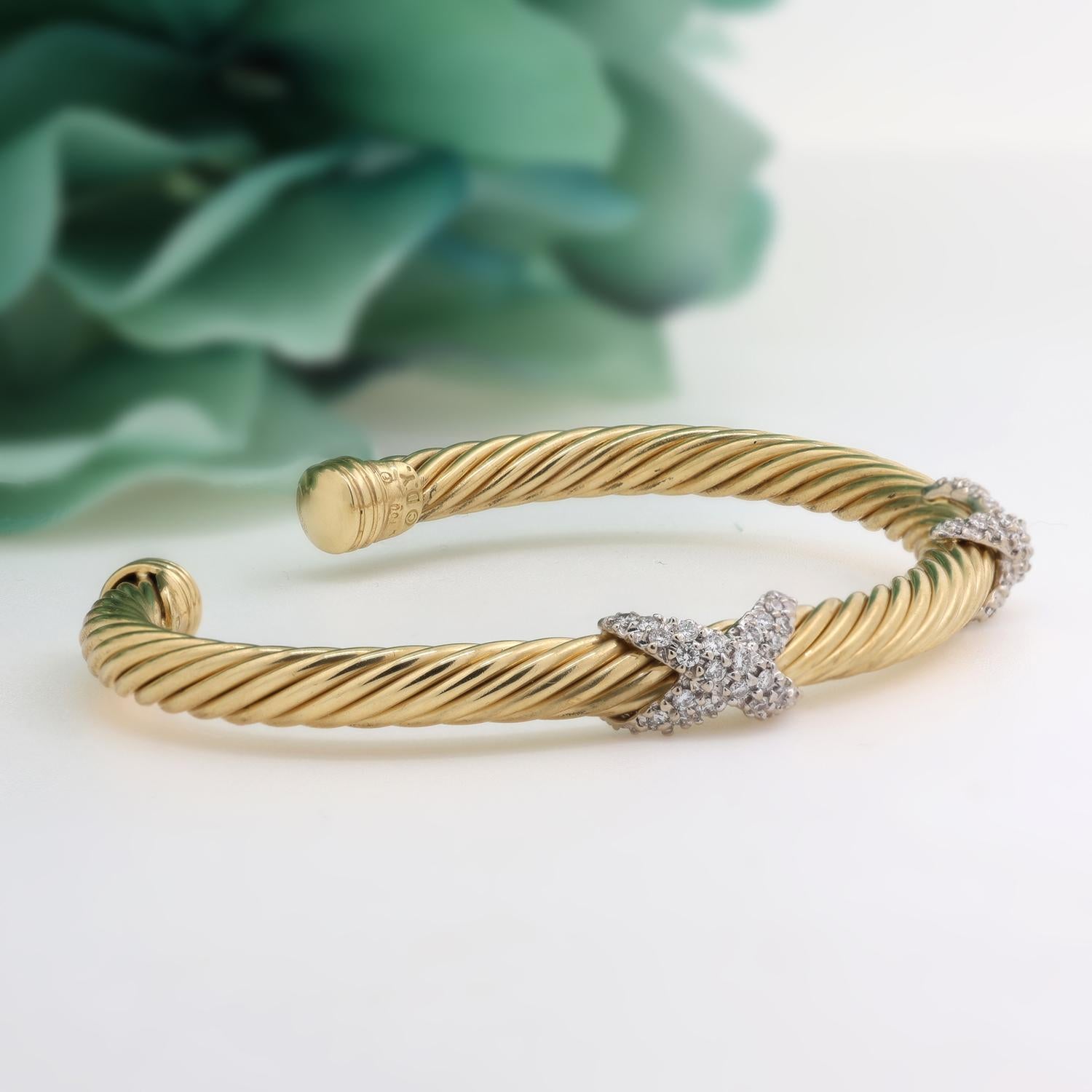 David Yurman Double X Diamond Cuff Bangle Bracelet 0.70 TW 18K Gold 6.5"