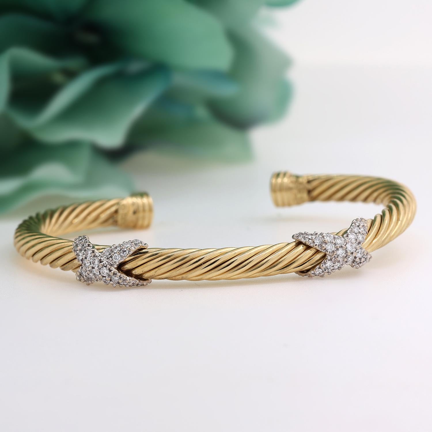 David Yurman Double X Diamond Cuff Bangle Bracelet 0.70 TW 18K Gold 6.5"