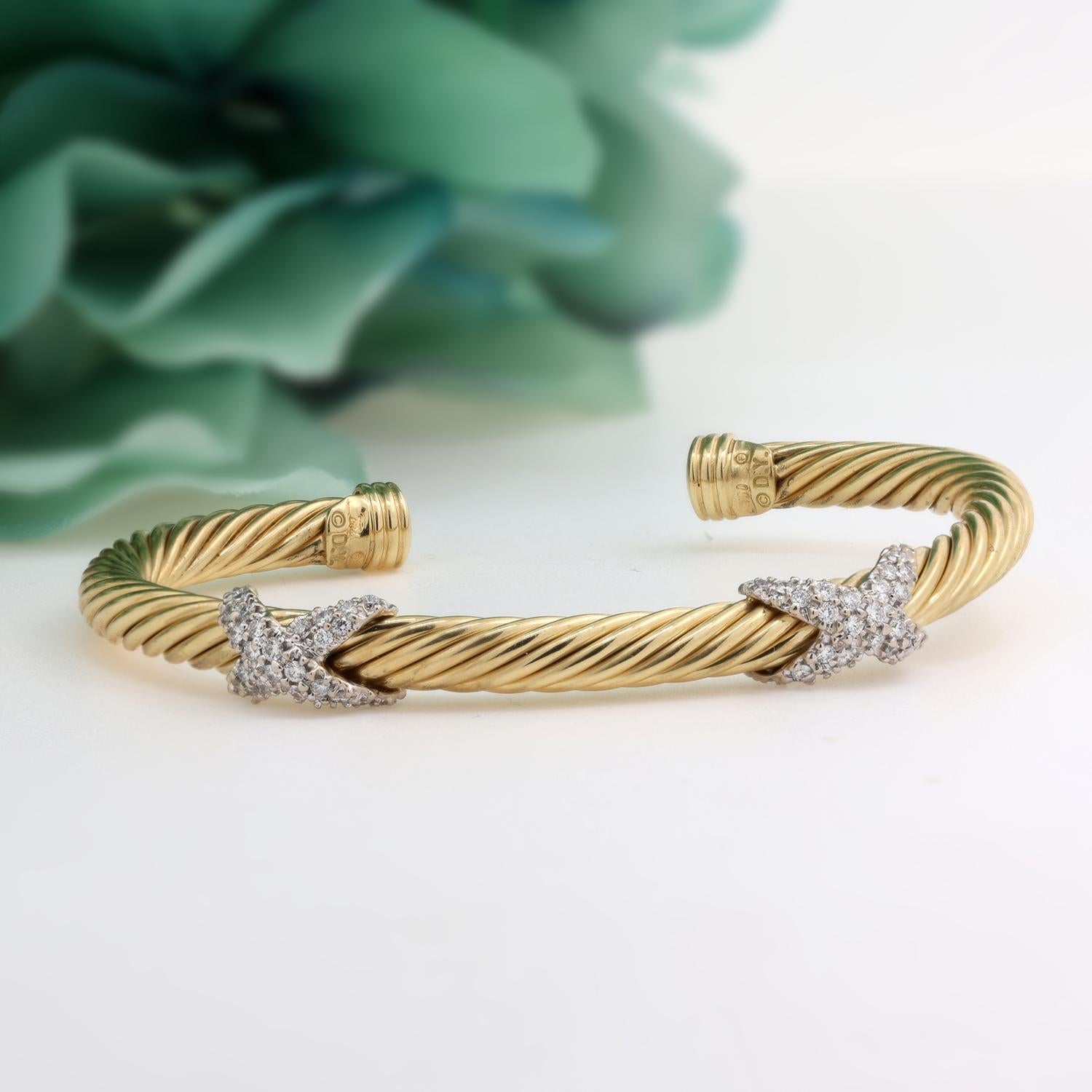 David Yurman Double X Diamond Cuff Bangle Bracelet 0.70 TW 18K Gold 6.5"