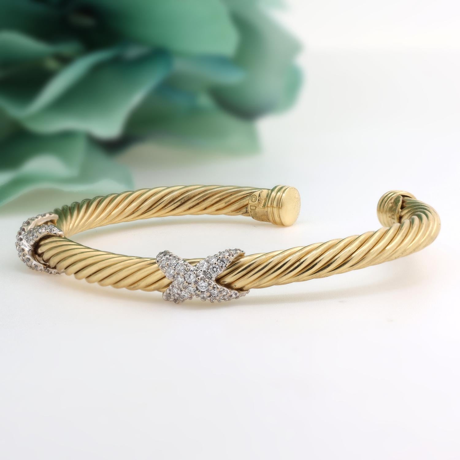 David Yurman Double X Diamond Cuff Bangle Bracelet 0.70 TW 18K Gold 6.5"