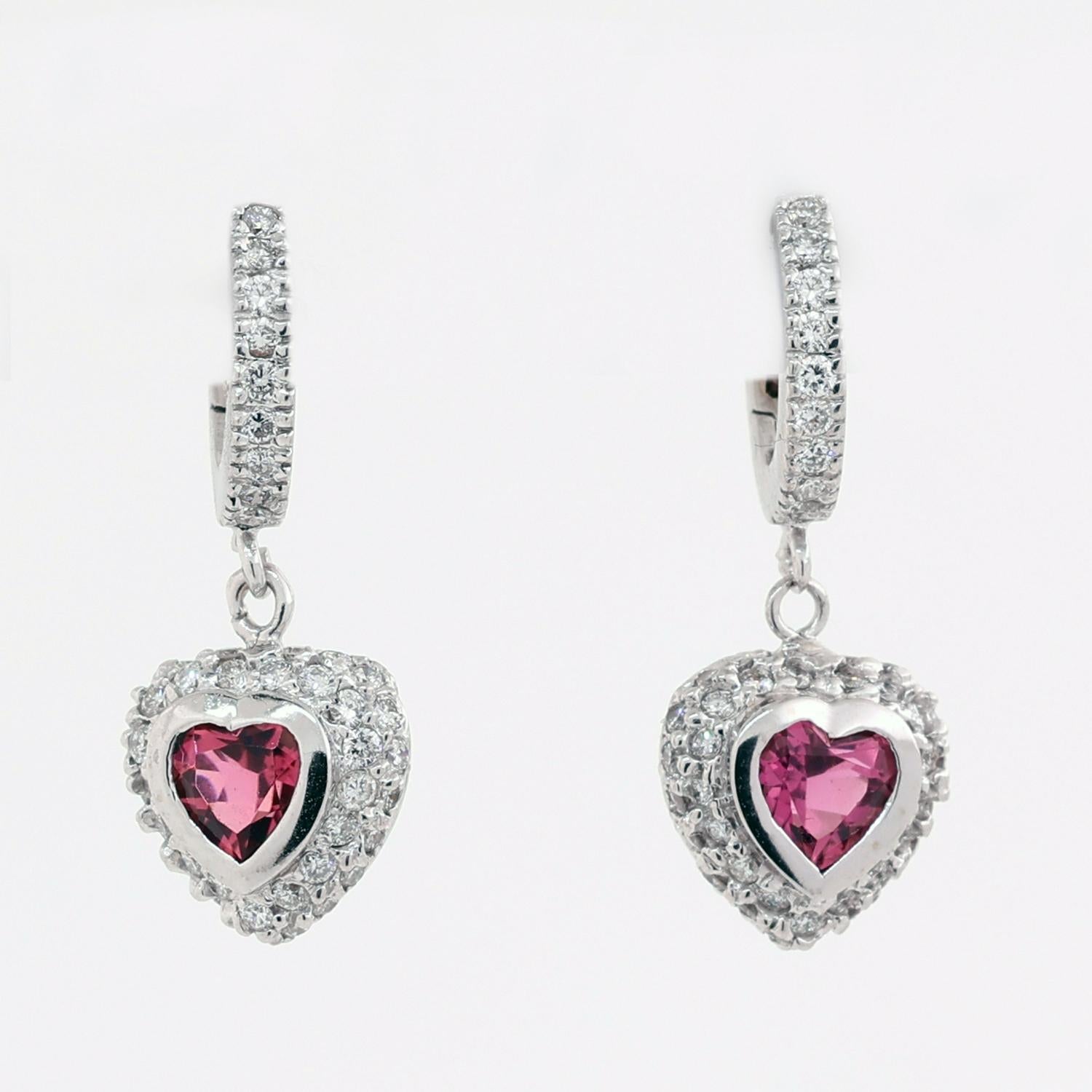 Pink Tourmaline Diamond Heart Drop Dangle Earrings 14K White Gold 1.50 CTW 0.85"