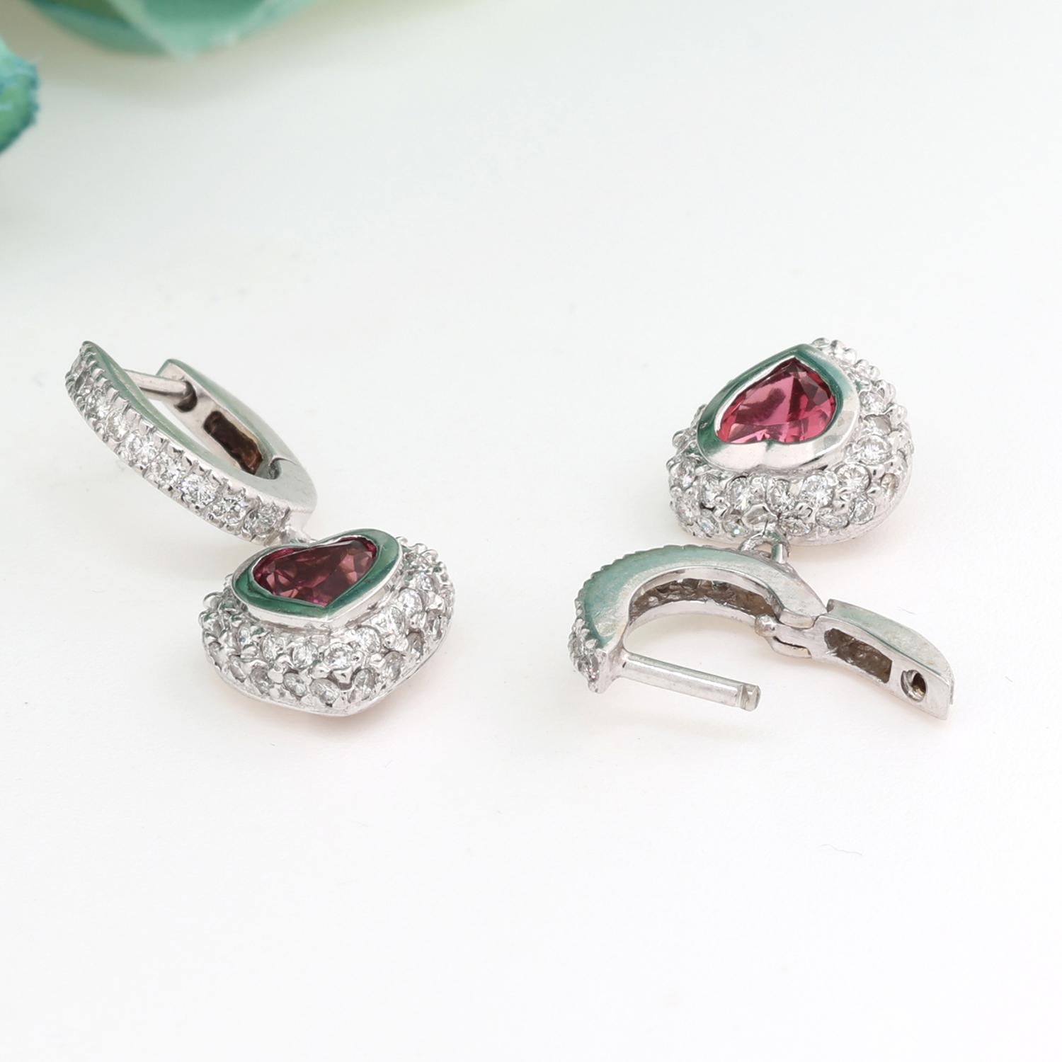 Pink Tourmaline Diamond Heart Drop Dangle Earrings 14K White Gold 1.50 CTW 0.85"