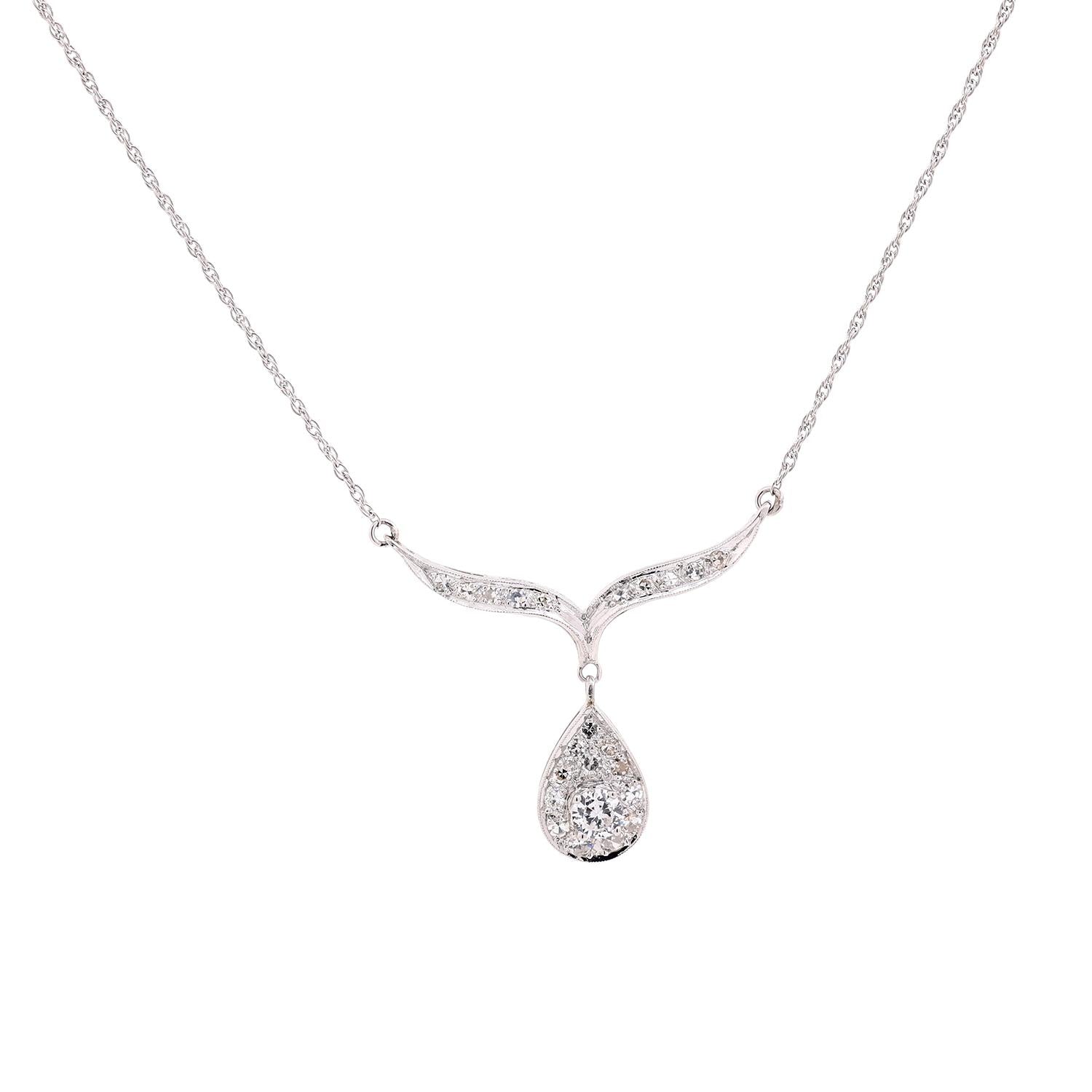 Diamond Y Teardrop Necklace 14K White Gold Link Chain 0.75 TW 16.5" Estate