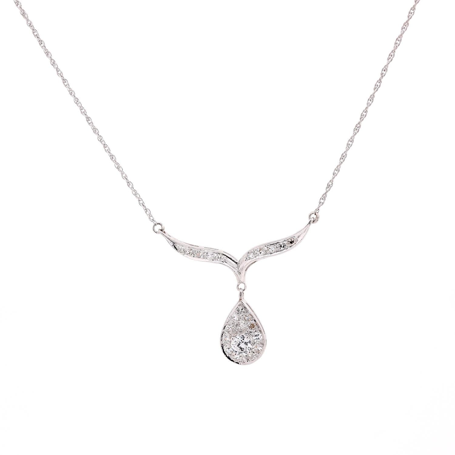 Diamond Y Teardrop Necklace 14K White Gold Link Chain 0.75 TW 16.5" Estate