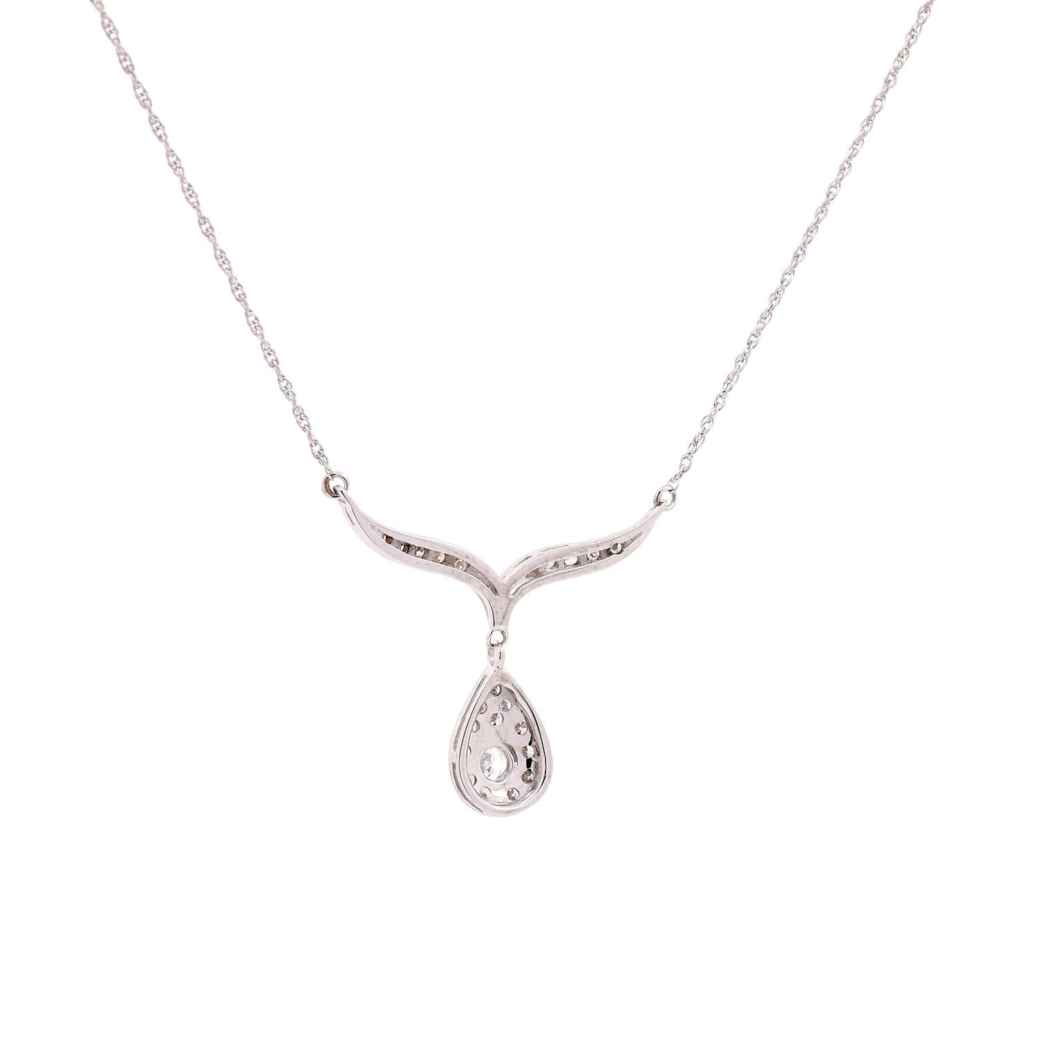 Diamond Y Teardrop Necklace 14K White Gold Link Chain 0.75 TW 16.5" Estate