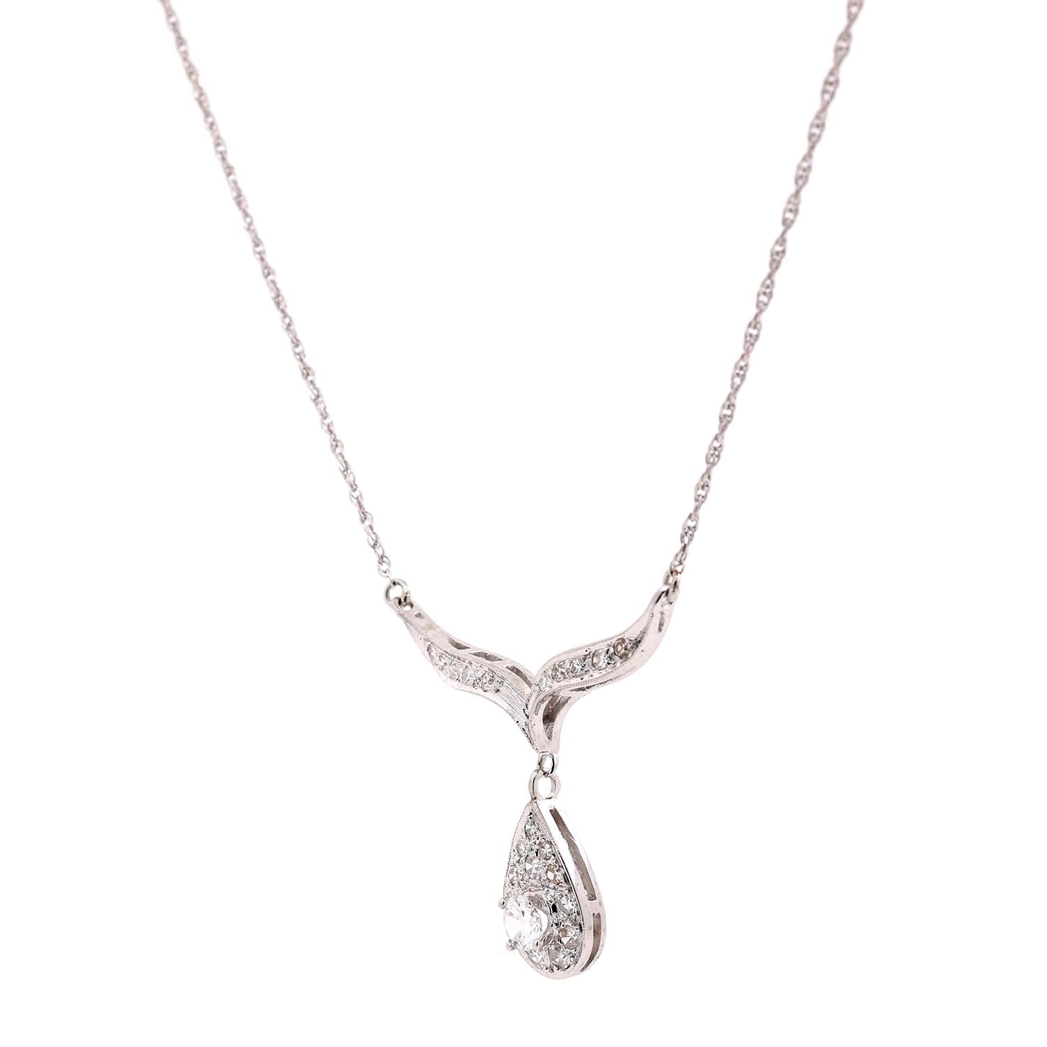 Diamond Y Teardrop Necklace 14K White Gold Link Chain 0.75 TW 16.5" Estate