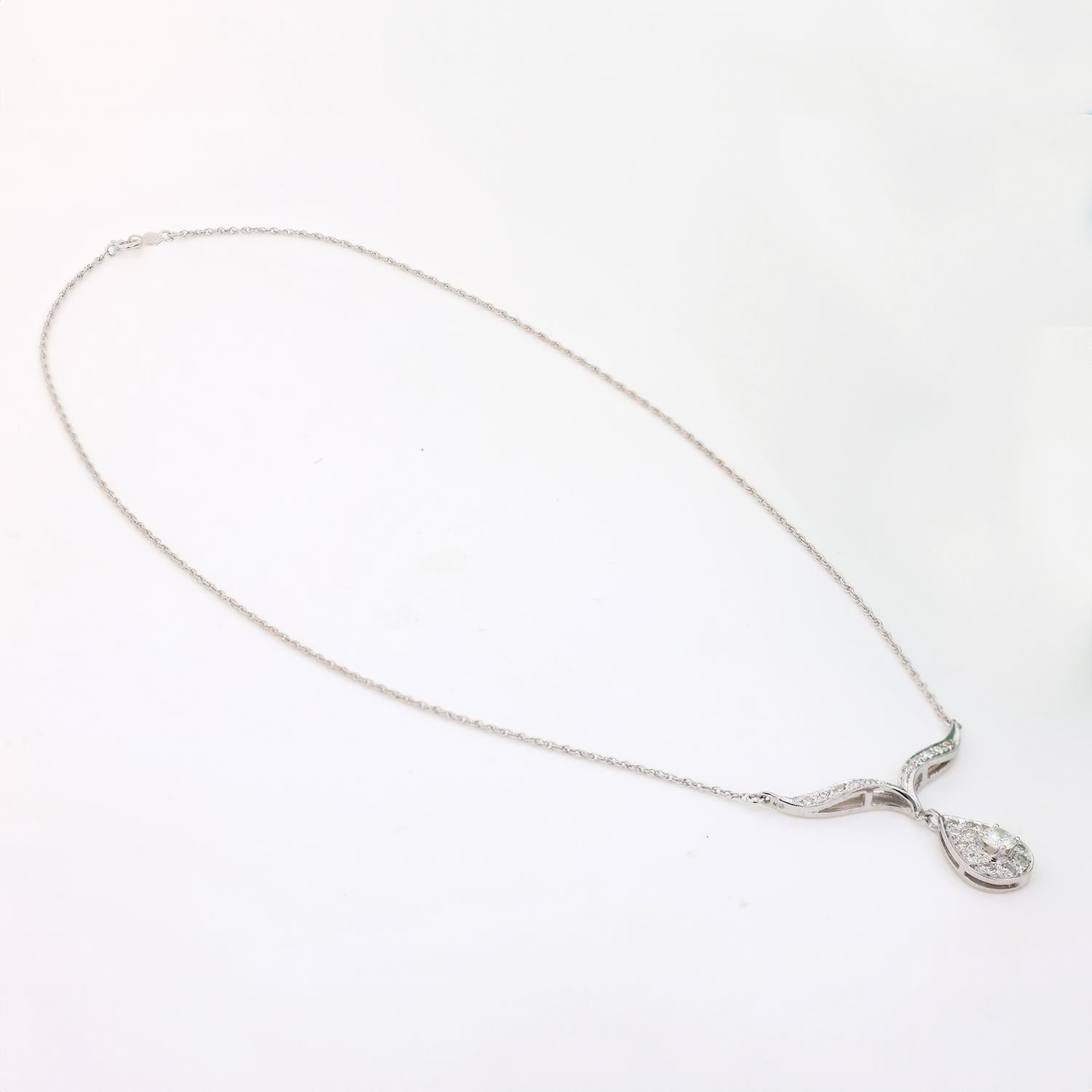 Diamond Y Teardrop Necklace 14K White Gold Link Chain 0.75 TW 16.5" Estate