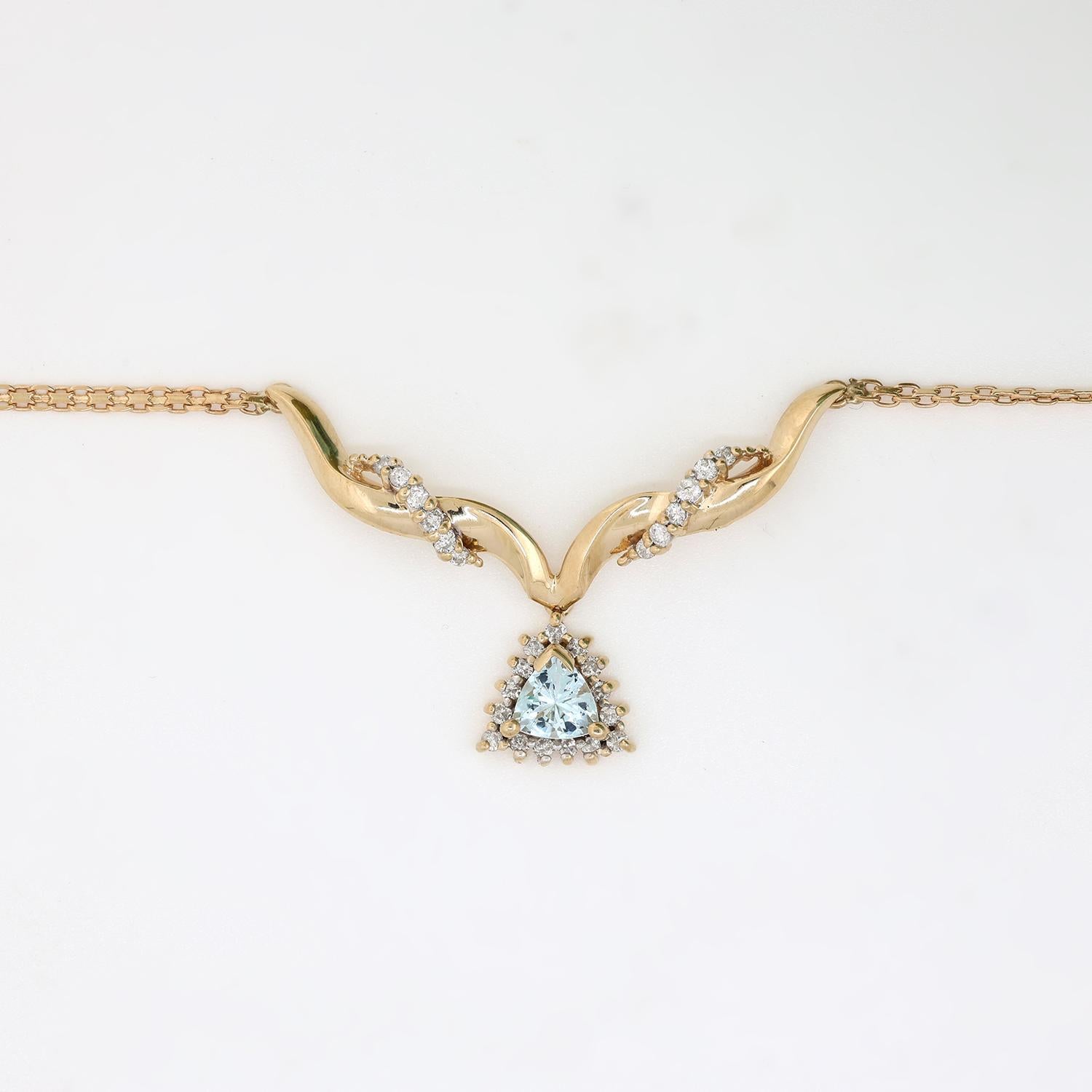 Aquamarine Diamond Y Necklace 14K Yellow Gold Link Chain 1.05 CTW 19" Estate