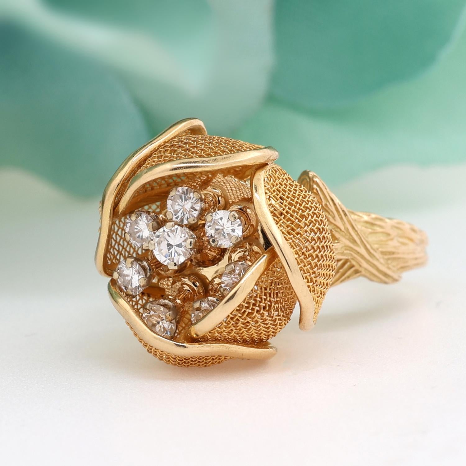 Diamond Flower Petal Ring 0.75 TW 18K Yellow Gold Adjustable Petals Size 7