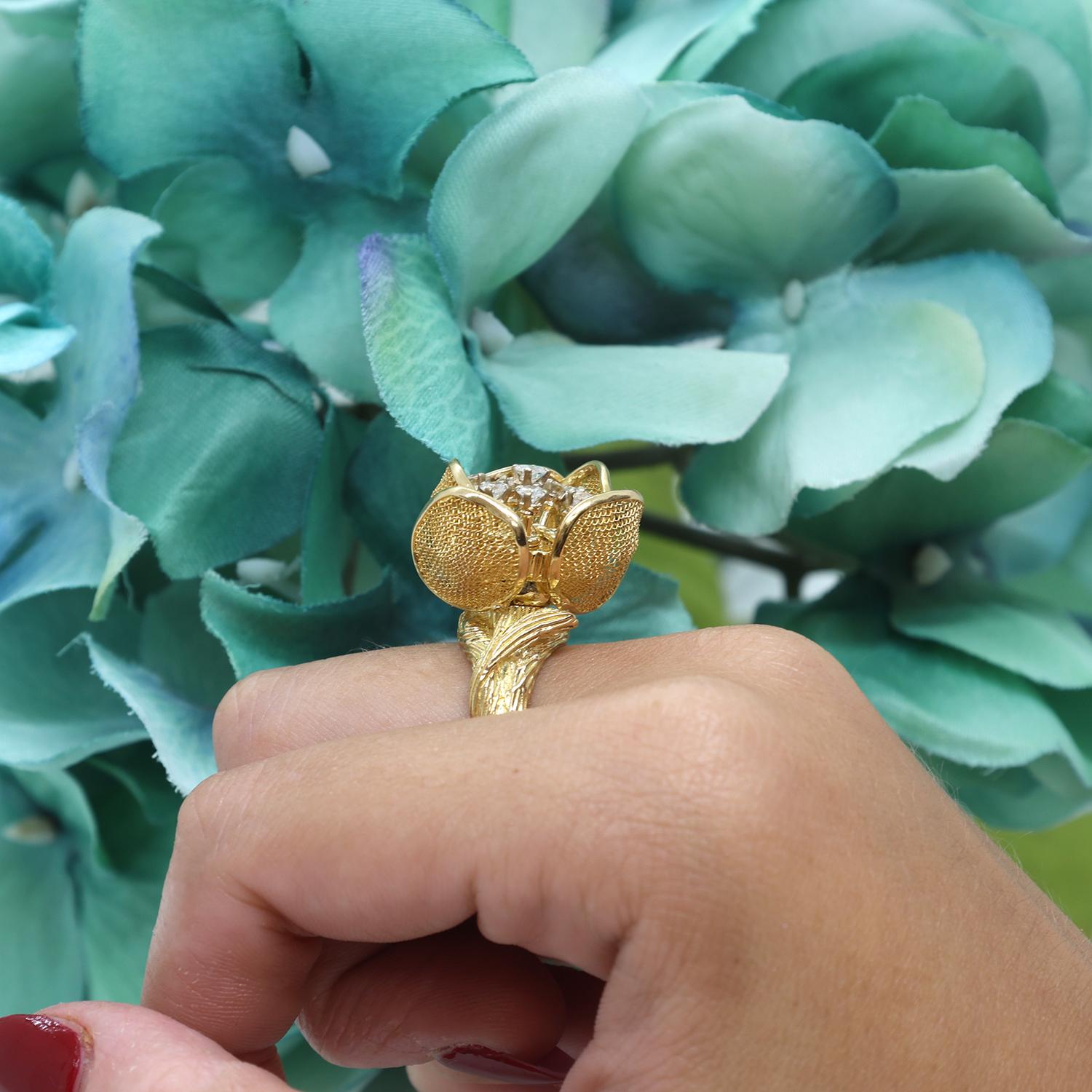 Diamond Flower Petal Ring 0.75 TW 18K Yellow Gold Adjustable Petals Size 7