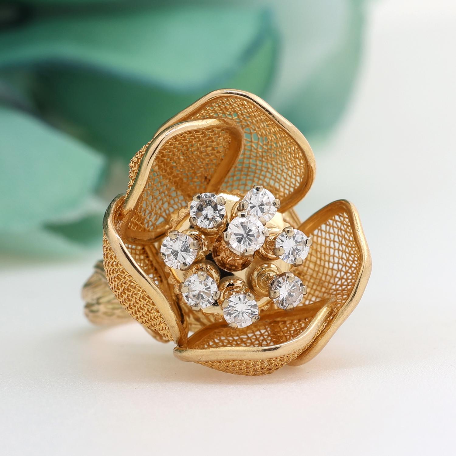 Diamond Flower Petal Ring 0.75 TW 18K Yellow Gold Adjustable Petals Size 7