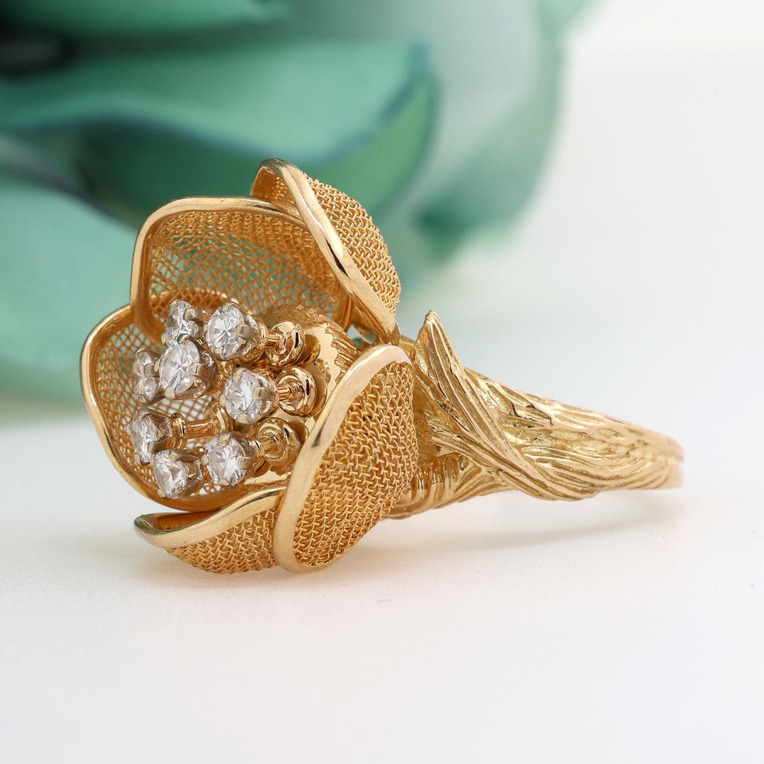 Diamond Flower Petal Ring 0.75 TW 18K Yellow Gold Adjustable Petals Size 7