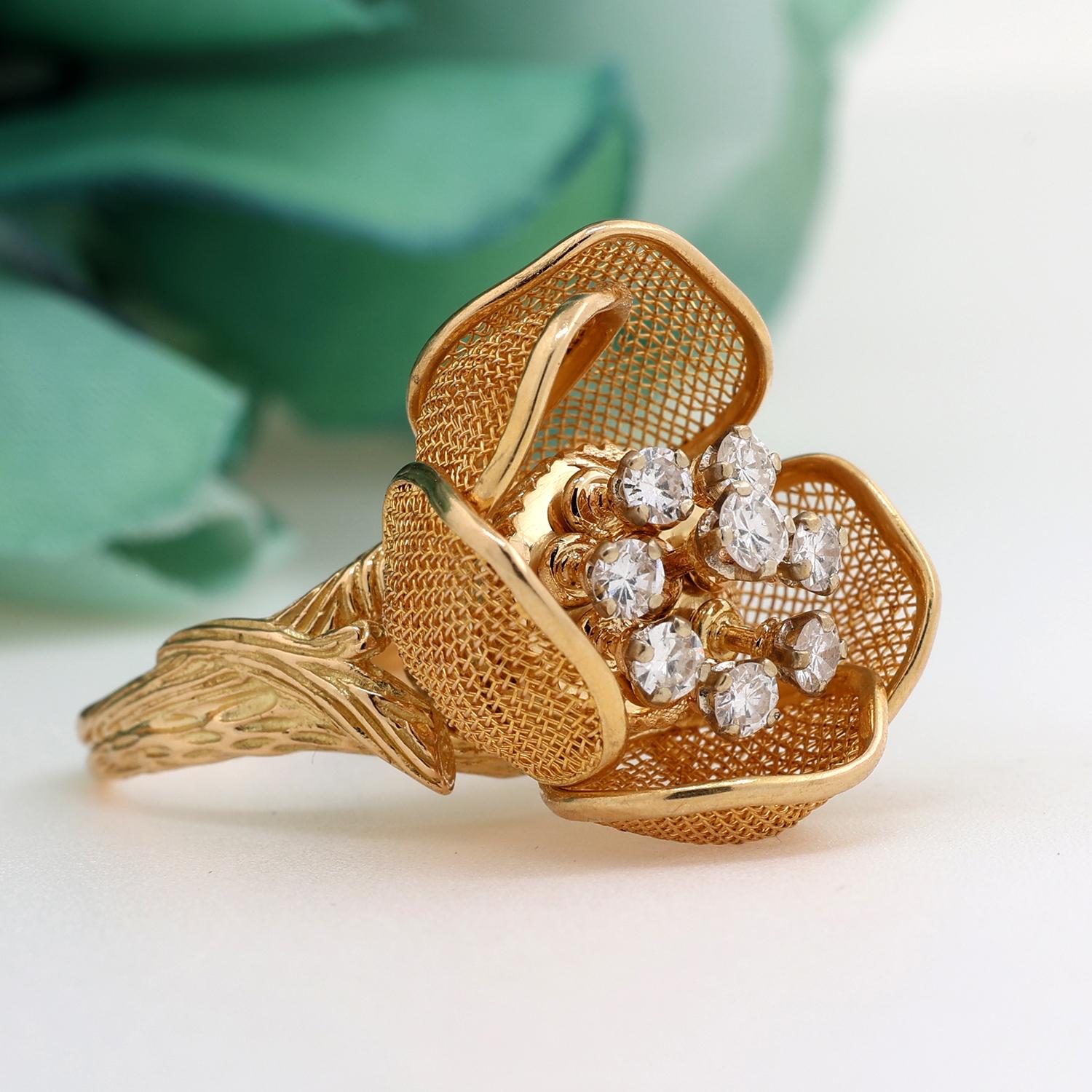 Diamond Flower Petal Ring 0.75 TW 18K Yellow Gold Adjustable Petals Size 7