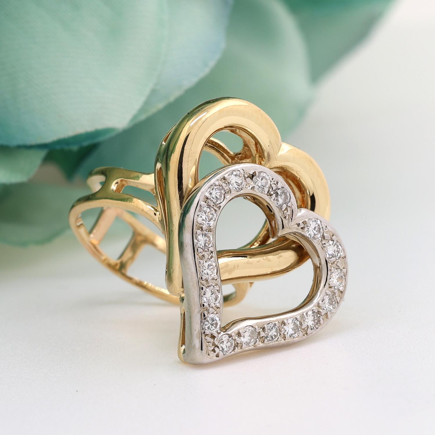 Estate Double Open Heart Ring 18K Gold 0.55 TW Diamonds Size 6.5