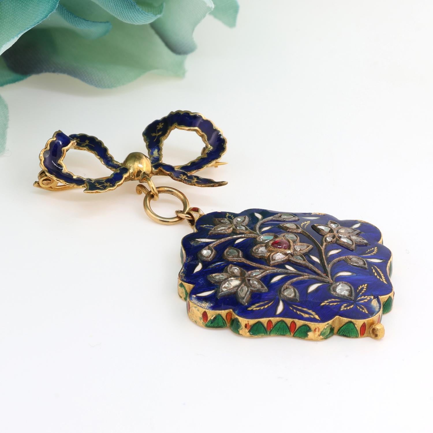 Vintage Diamond Ruby Enamel Floral Brooch Pin 18K Yellow Gold 0.40-0.60 TW 2.60"