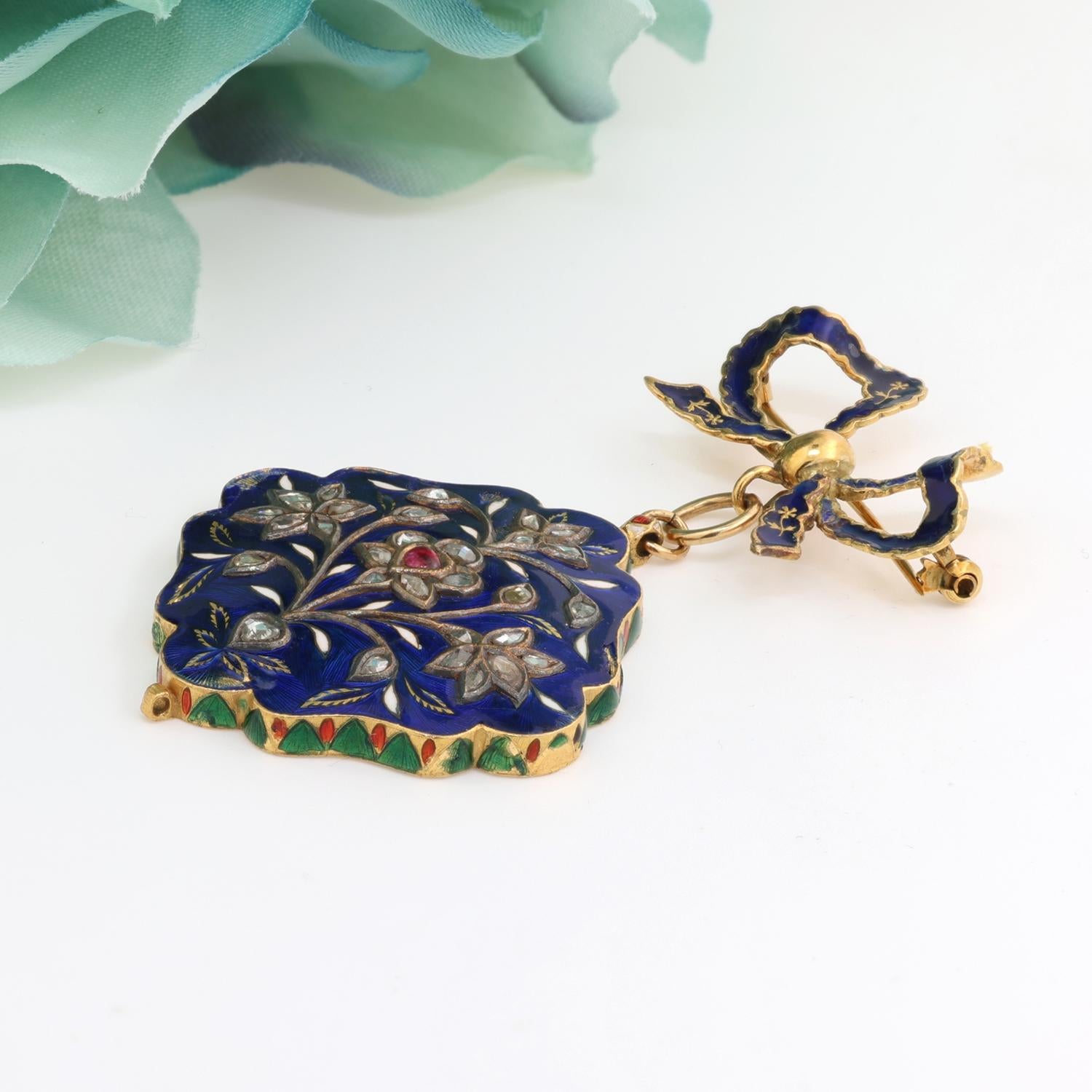Vintage Diamond Ruby Enamel Floral Brooch Pin 18K Yellow Gold 0.40-0.60 TW 2.60"
