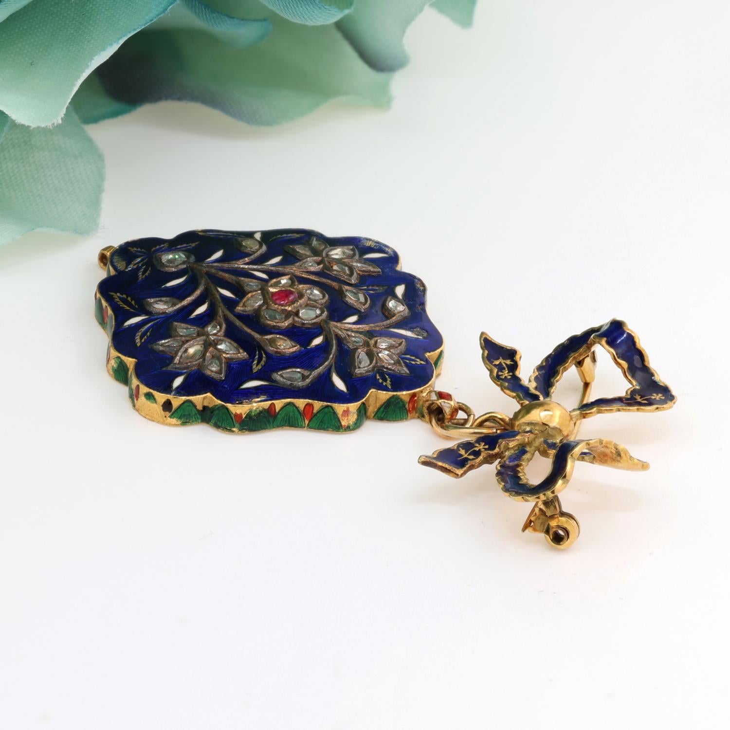 Vintage Diamond Ruby Enamel Floral Brooch Pin 18K Yellow Gold 0.40-0.60 TW 2.60"