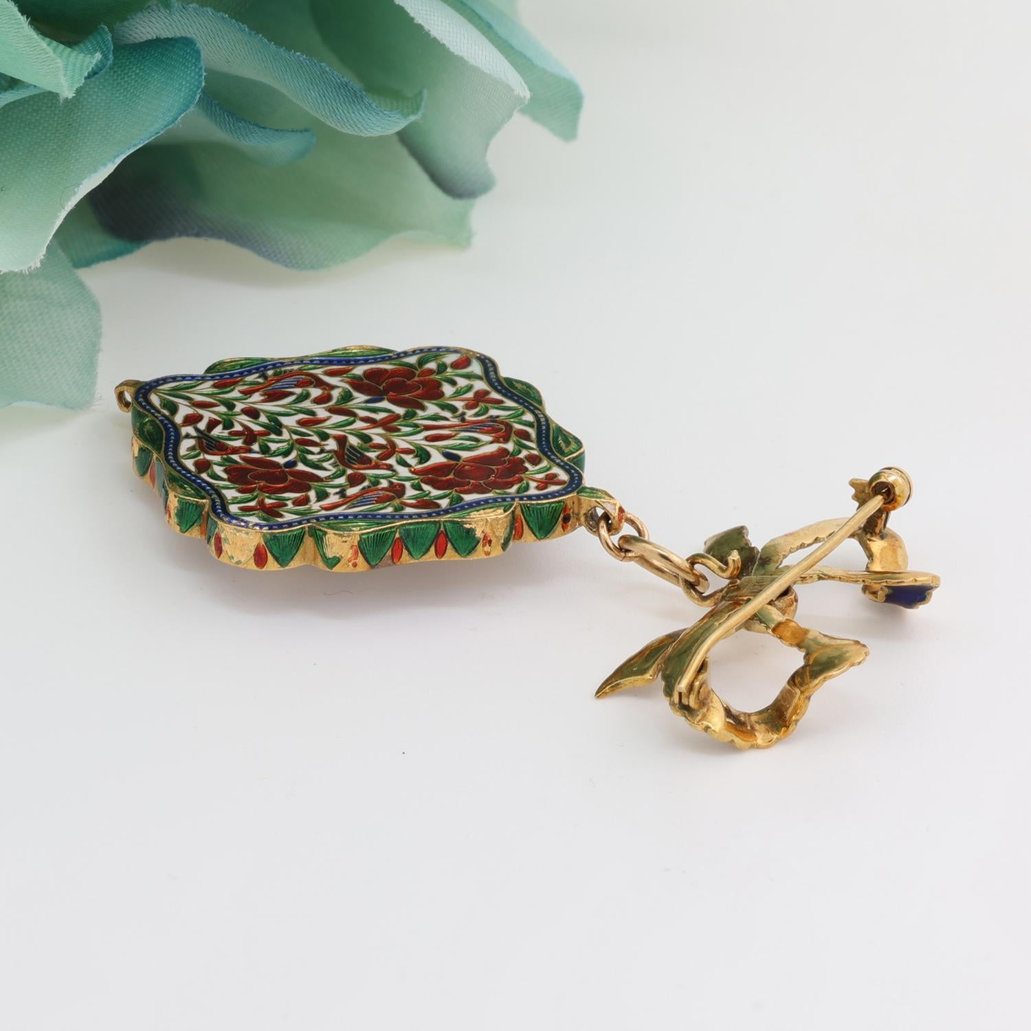 Vintage Diamond Ruby Enamel Floral Brooch Pin 18K Yellow Gold 0.40-0.60 TW 2.60"