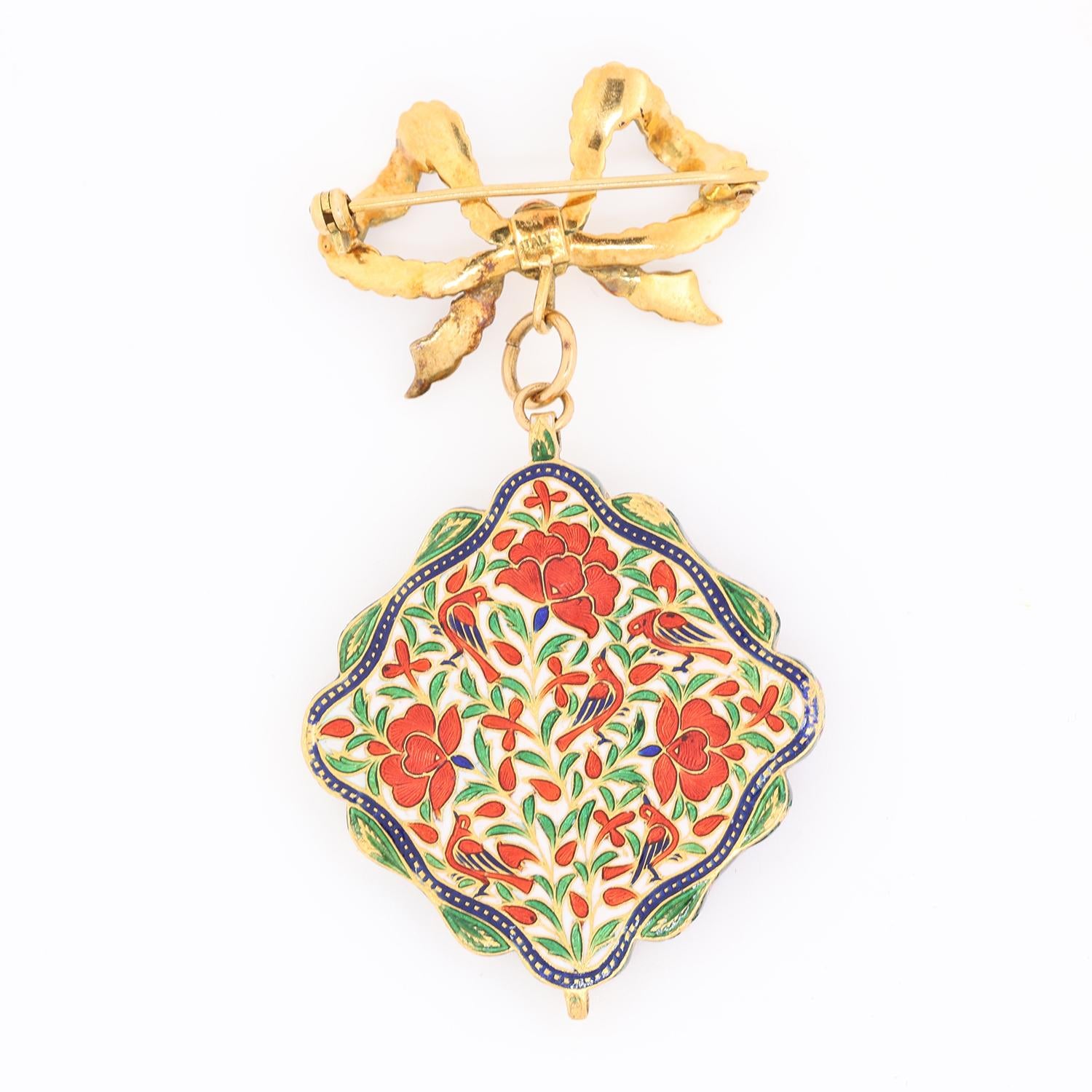 Vintage Diamond Ruby Enamel Floral Brooch Pin 18K Yellow Gold 0.40-0.60 TW 2.60"