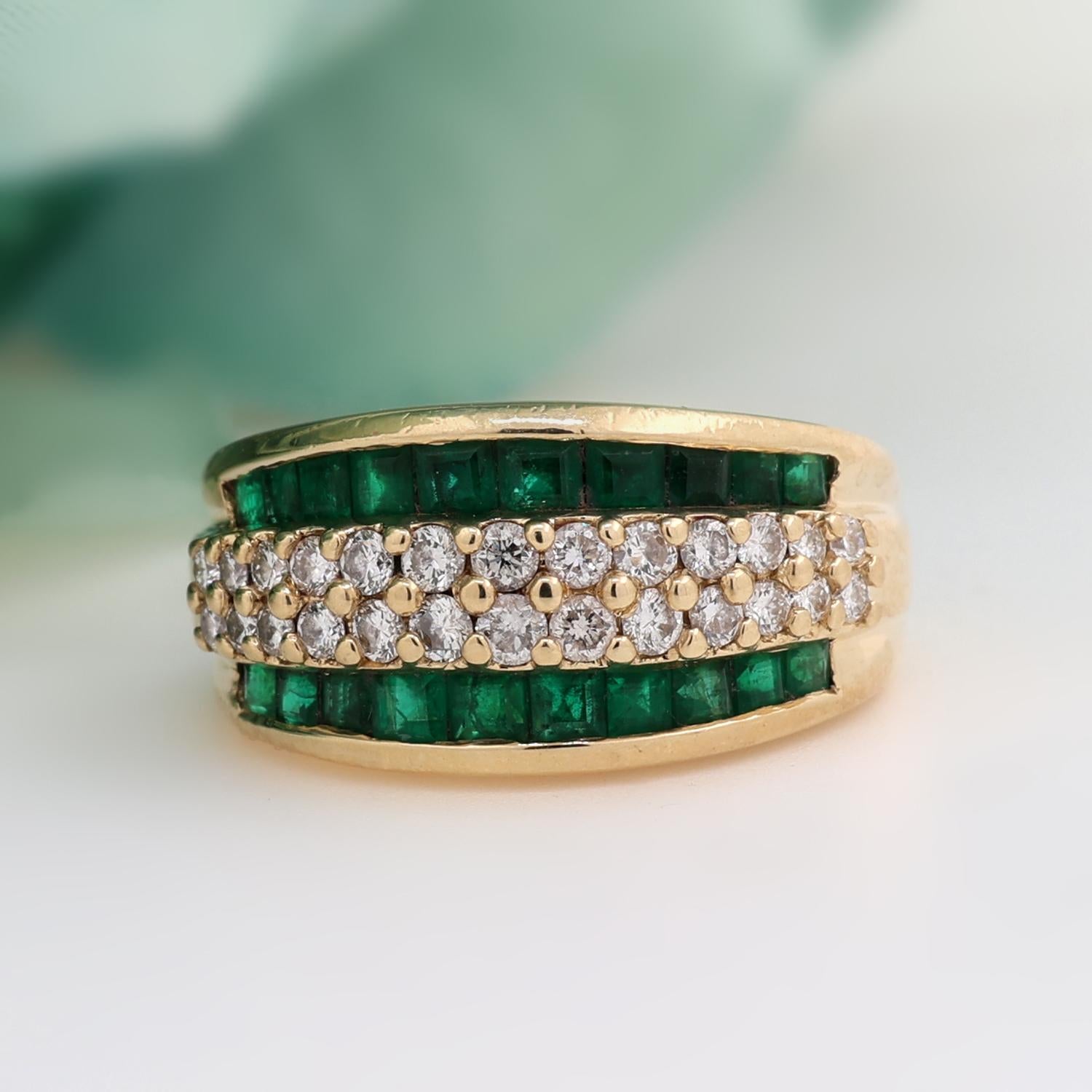 Emerald Diamond Wide Band Ring 14K Yellow Gold 1.06 TW Channel Set Size 6.50