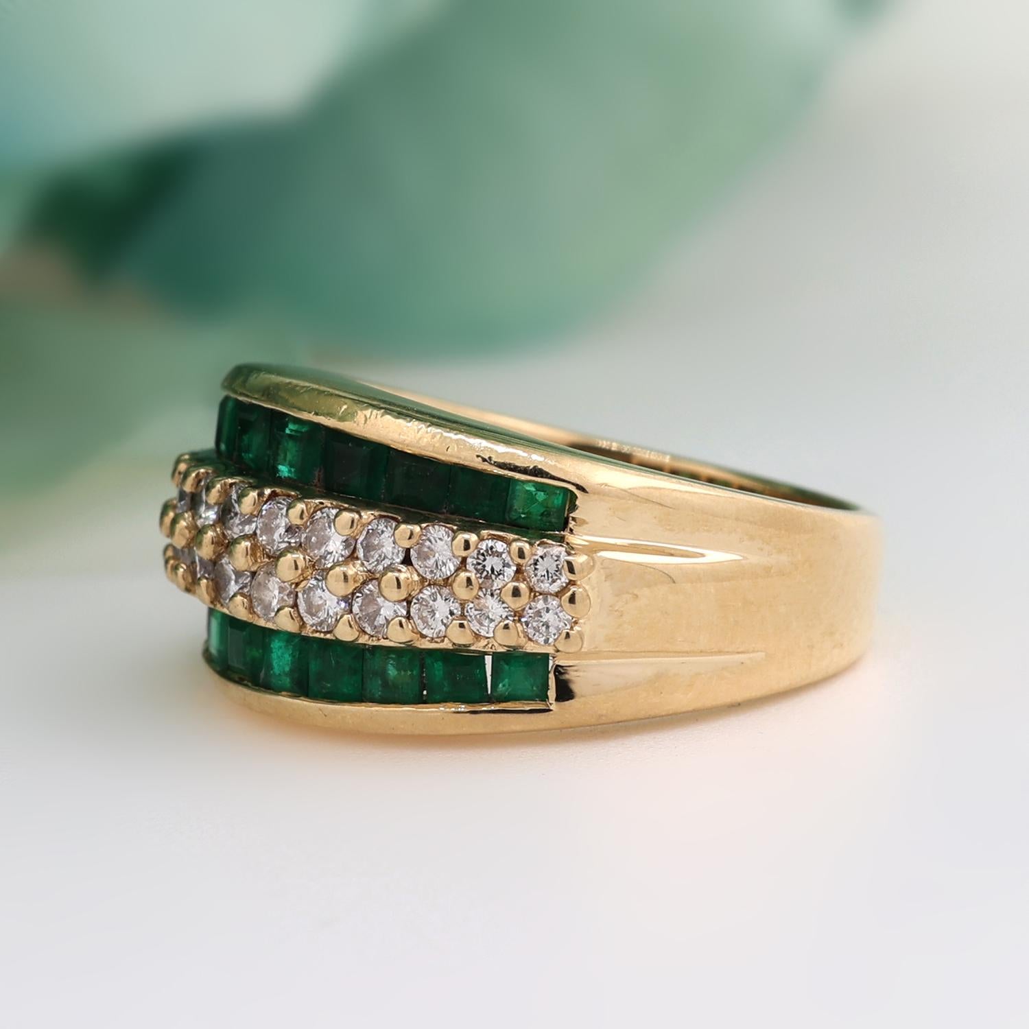 Emerald Diamond Wide Band Ring 14K Yellow Gold 1.06 TW Channel Set Size 6.50