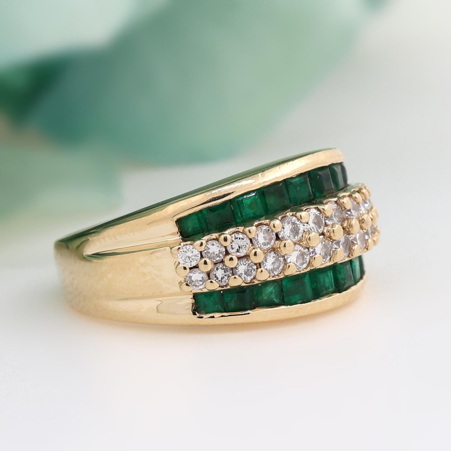 Emerald Diamond Wide Band Ring 14K Yellow Gold 1.06 TW Channel Set Size 6.50