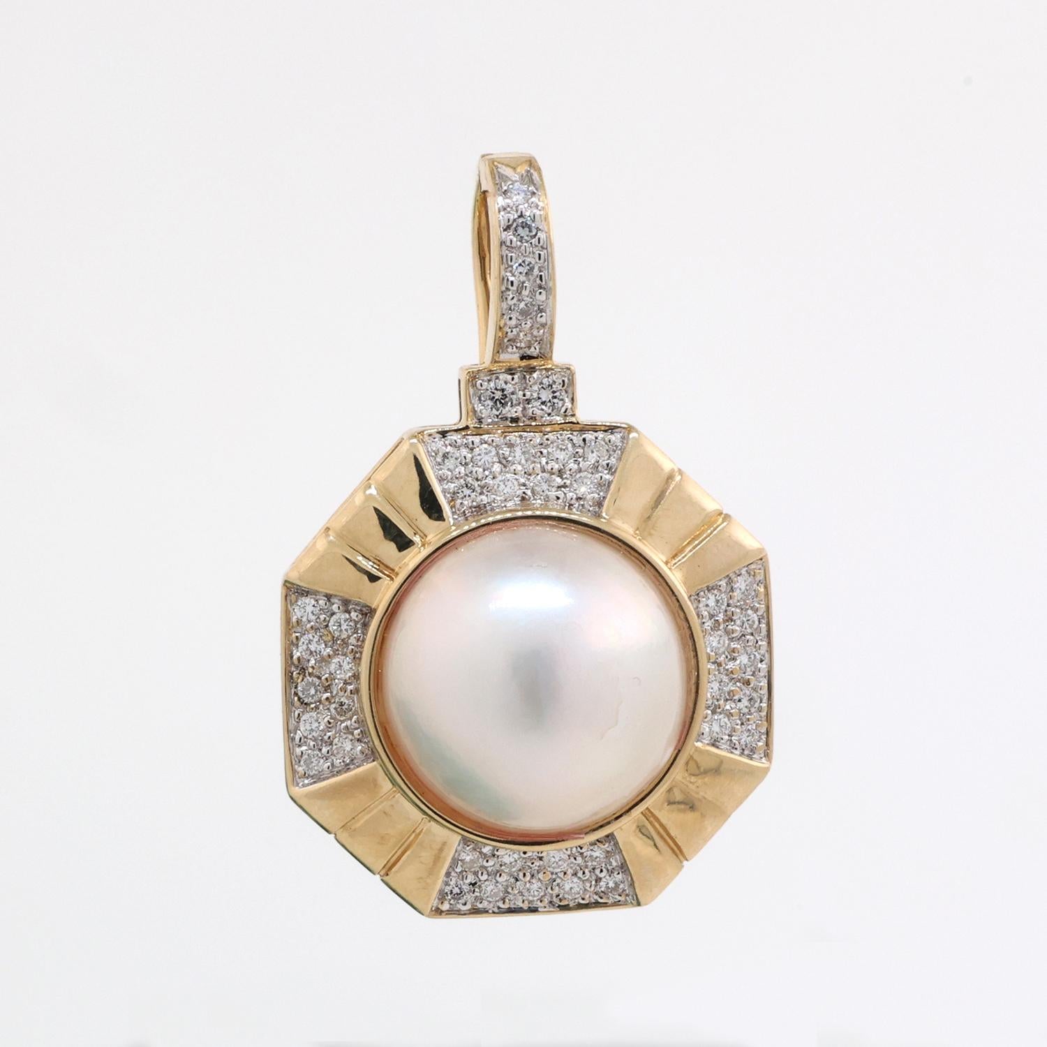 Vintage Mabe Pearl Diamond Octagonal Pendant 14K Yellow Gold Snap Clasp 1.33"