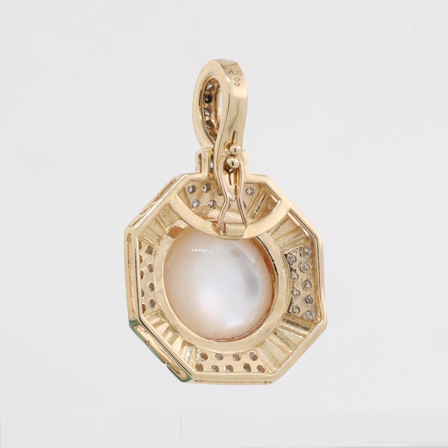 Vintage Mabe Pearl Diamond Octagonal Pendant 14K Yellow Gold Snap Clasp 1.33"