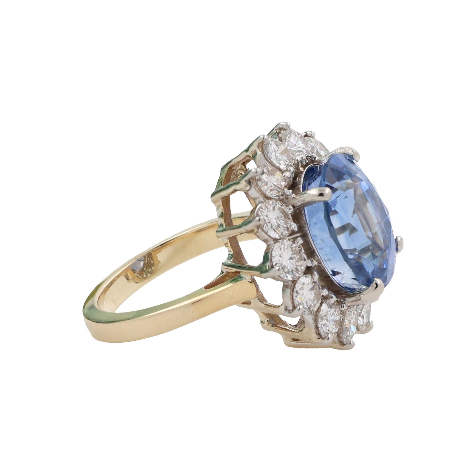 GIA Blue Sapphire Diamond Floral Halo Ring 14K Y/Gold Platinum 10.21 CTW SZ 6.5