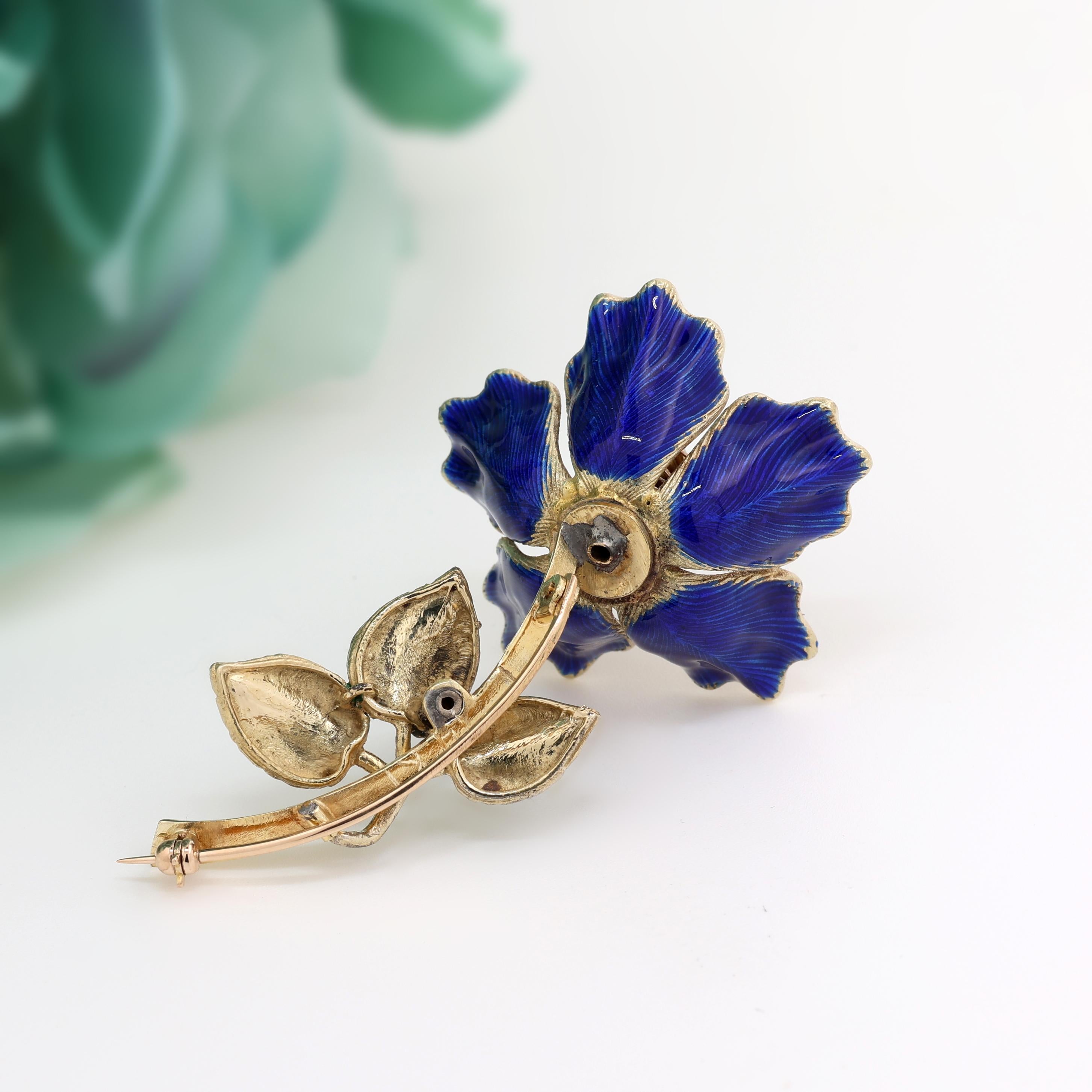 Vintage Diamond Enamel Flower Bee Brooch Pin 14K Yellow Gold 0.39 TW 2.5" Estate