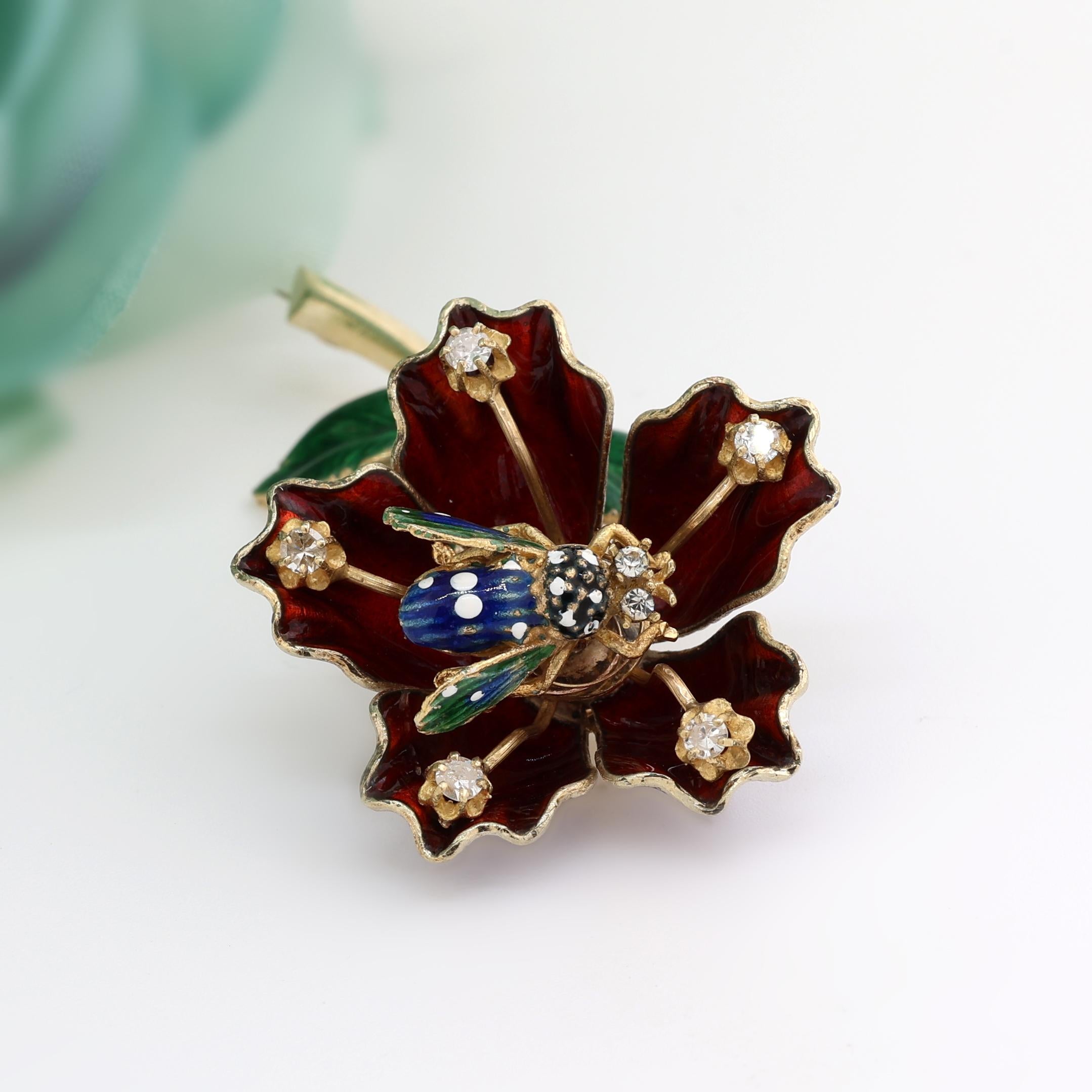 Vintage Diamond Enamel Flower Bee Brooch Pin 14K Yellow Gold 0.39 TW 2.5" Estate