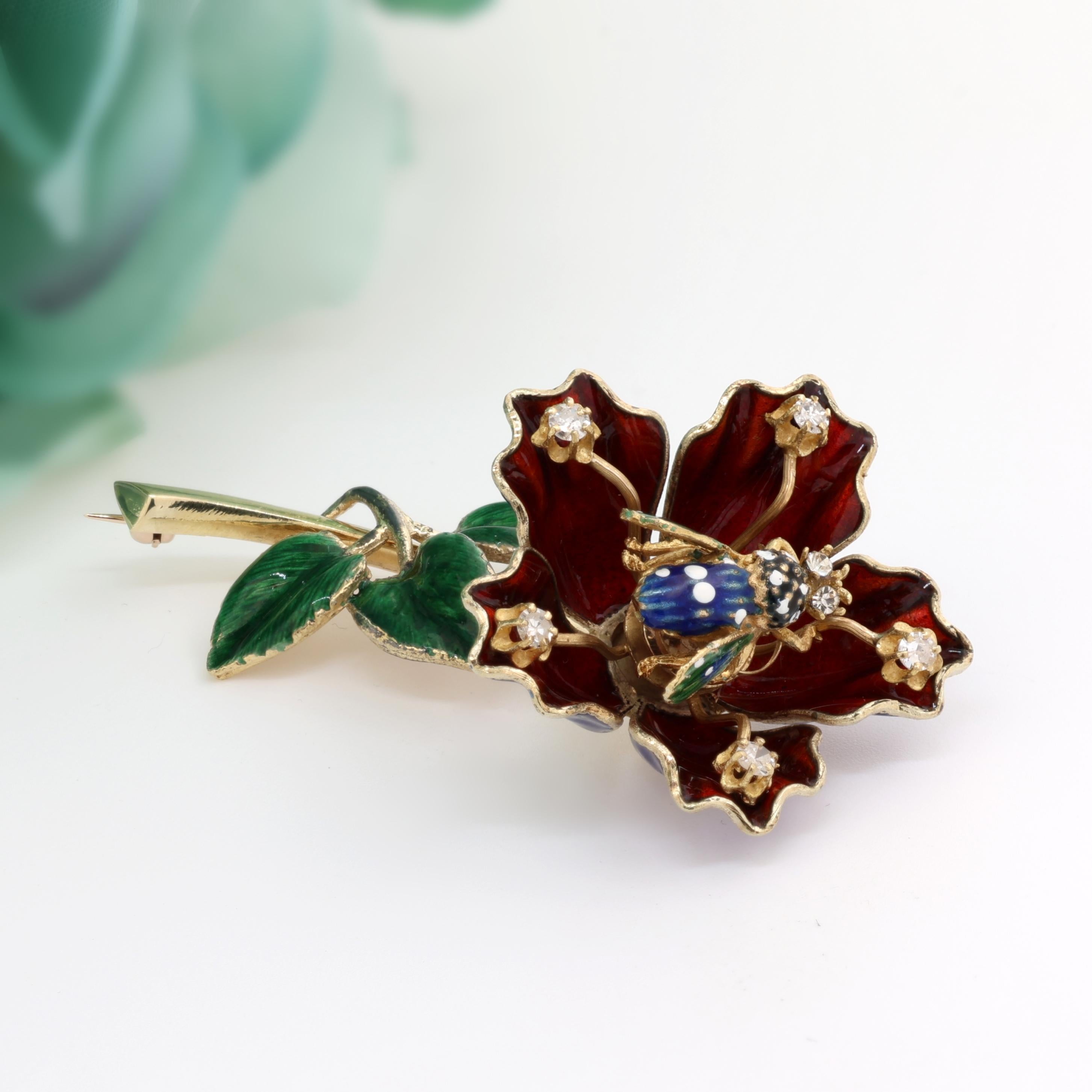 Vintage Diamond Enamel Flower Bee Brooch Pin 14K Yellow Gold 0.39 TW 2.5" Estate